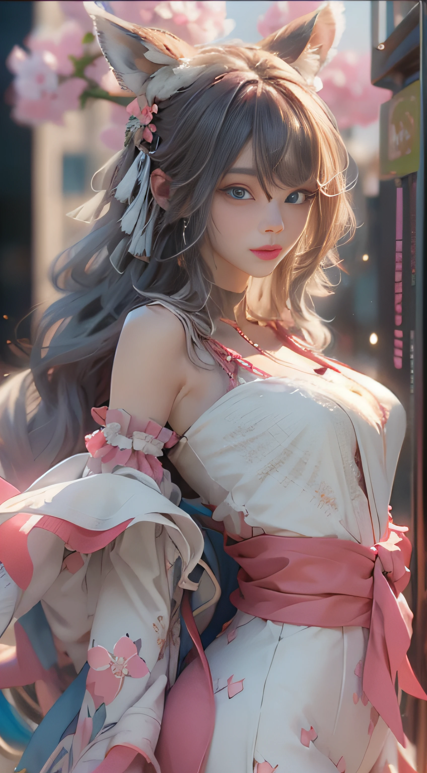 ((best qualtiy)), ((tmasterpiece)), (detail:1.4), Beautiful cyberpunk female images,hdr(HighDynamicRange),Ray traching,NVIDIA RTX,Hyper-Resolution,illusory 5,sub surface scattering,PBR textures,post-proces,Anisotropy Filtering,depth of fields,maximum definition and sharpness,Many-Layer Textures,Albedo e mapas Speculares,Surface coloring,Mitsu-Accurate simulation of material interactions,perfectly proportioned,rendering by octane,Two-colored light,largeaperture,Low ISO,White balance,Rule three points、8K raw data、Beautiful bright blue pupils,off-the-shoulder clothes,Fine pupils,Delicate face and eyes,long eyelasher,Blushlush,Delicate and fluffy hair,pink lip,Pure,Cute face,Sweet girl,Artistic sense,Casual wear,Advancedsense,butterflys,Cherry blossom petal,Beautiful hair accessories,Long hair and waist,Hair fluttering in the wind,Snow-white fox ears,curlies,Snow-white fluffy tail,Positive light,The light from the back window is backlighted