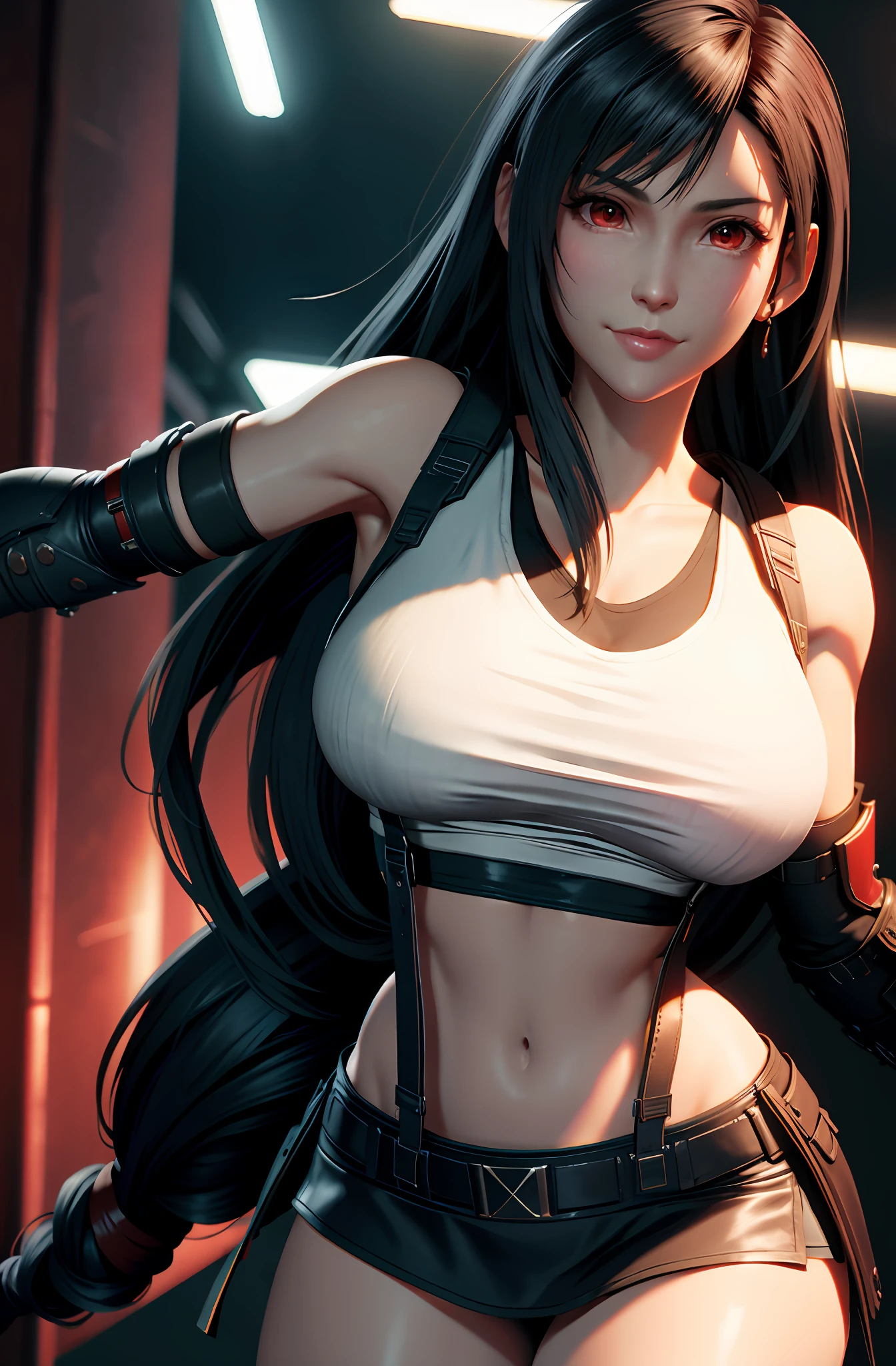 Tifa lockhart, tifa_lockhart,  ff7, sultry face, (white tank top:1.5), black latex miniskirt, (black long hair), hair bangs (red eyes:1.2) long eyelashes, surrealism, shadow, stereogram, POV, atmospheric perspective, cinematic lighting, ray tracing, 8k, super detail, best quality, masterpiece, well detailed,combat gloves, big breasts, slim, large boobs, huge boobs, spreading legs, white thong (smiling)