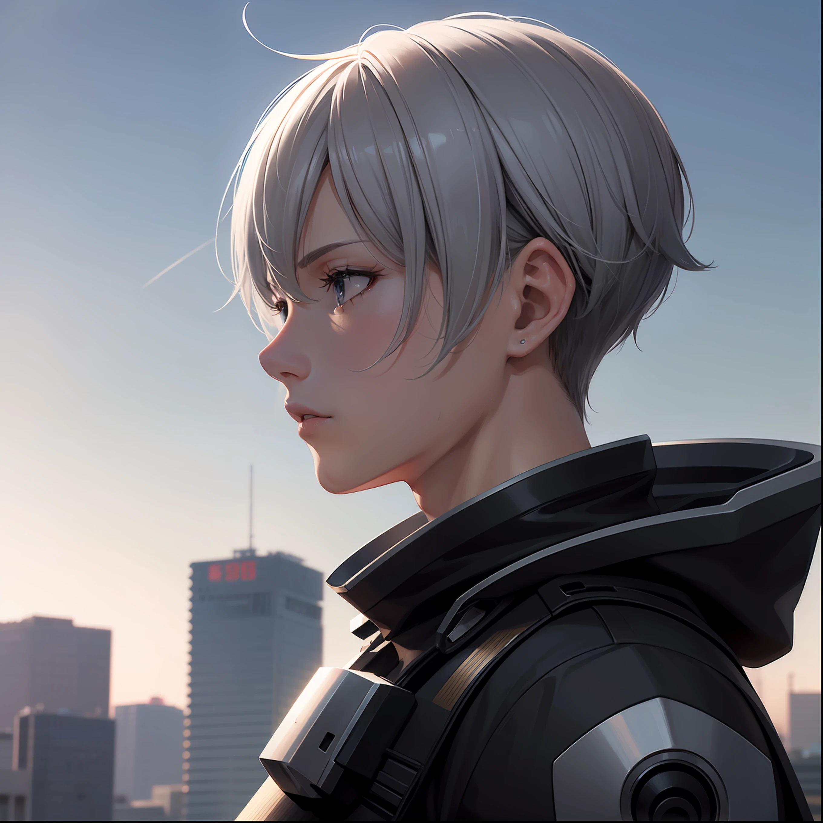 Profile half body Grey short hair man closeup Sci-Fi cute Anime Japan 2d Sharp focus 16k resolution Very sharp, Hyper detailed, 8k, Hyper realistic detail