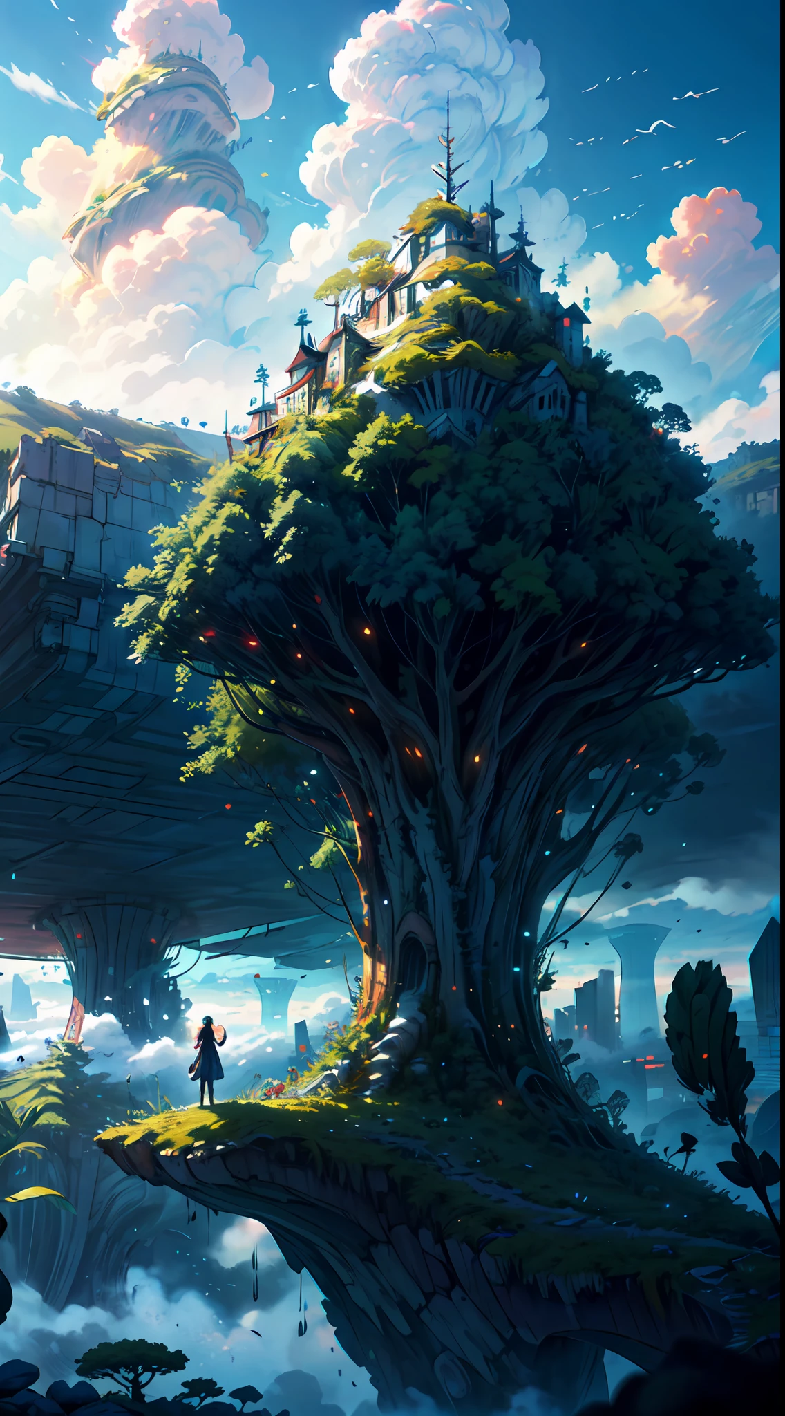 octane render, bioluminescent,8K resolution concept art, realism,by Mappa studios,masterpiece,best quality,official art,illustration,ligne claire,(cool_color),perfect composition,absurdres, fantasy,focused,(in the air),(above the cloud:1.4),(finely detailed modern lost_city:1.3),(lost_city towering above the clouds:1.2),epic,(focus_girl:1.2),(girl in city peak of Broken bridge), sitting on the verge of that bridge looking at the far horizons,rule of thirds,anime_face,fine-tuning face, detailed eyes,cute face,black hair, finely detailed fantasy traveler clothes,calm expression ,overhead_viewer,wind blow at viewer,fantastic plant,book,Giant World Tree,motion,(depth_of_field), extension image, view from above