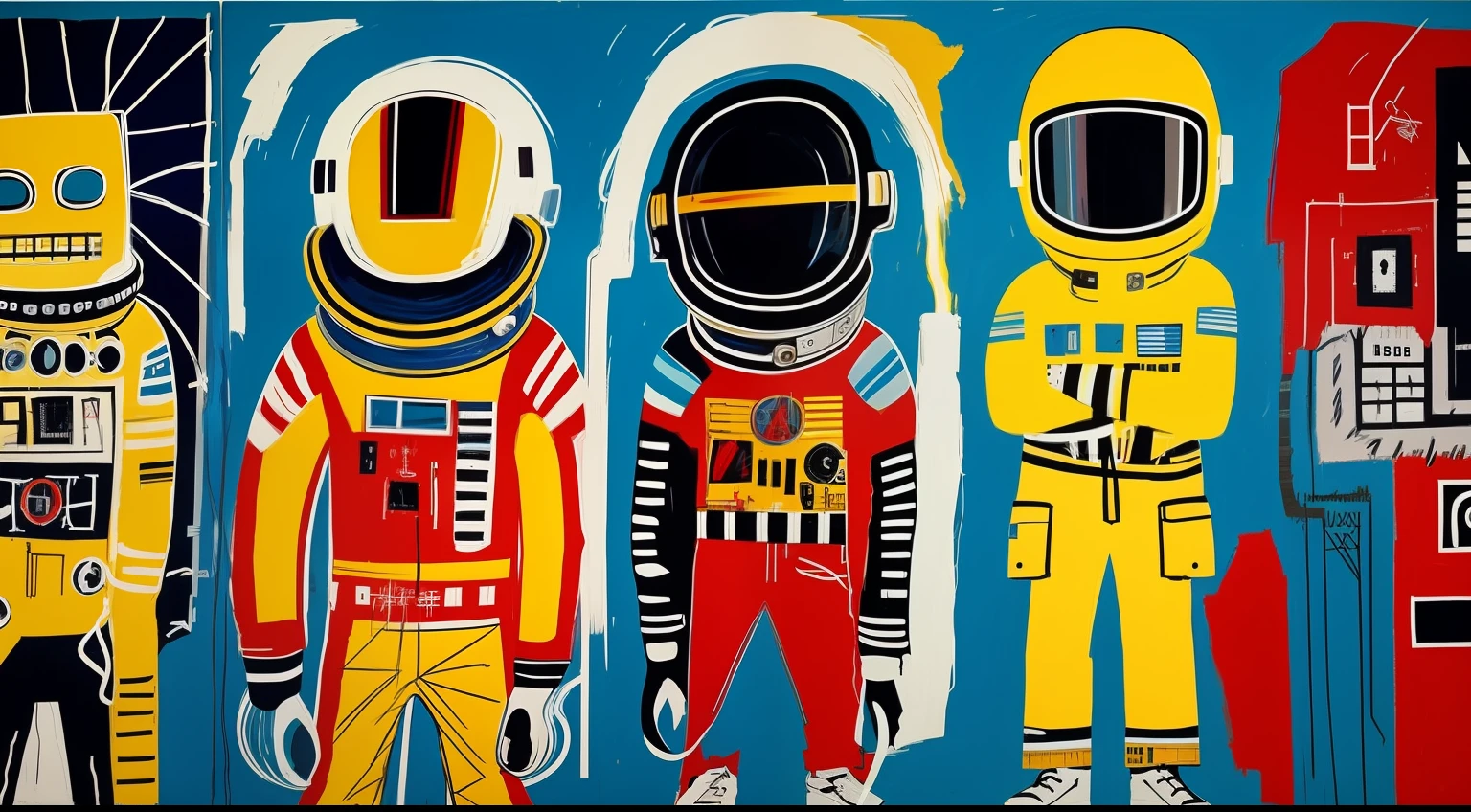 Basquiat's paintings、Rocket painting、Detailed light、artworks、an extremely devious and beautiful、space suits、helmets
