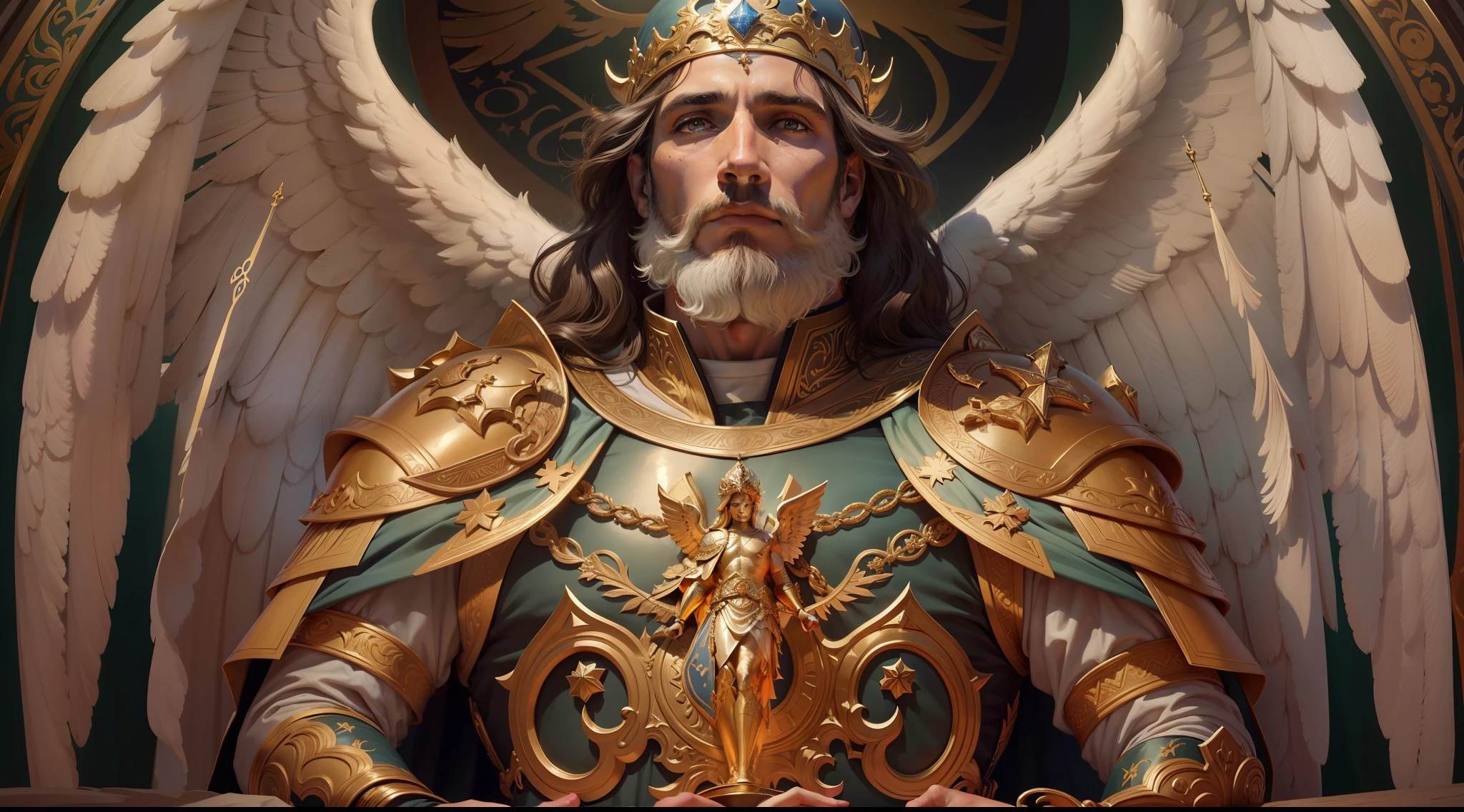 imagem de um homem com uma coroa e asas, Retrato do Imperador da Humanidade, arte fantasia behance, Anjo majestoso de corpo inteiro, arte conceitual de deus, O Deus Imperador da Humanidade, pintura de um homem, com asas de anjo, vestido com armadura, segurando uma espada e escudo, Arcanjo Miguel, saint michael the angel, arcanjo, Miguel Anjo, totalitarian socialist angel, biblical accurate angel, san miguel, cheio de pinturas de anjos, anjo biblicamente acuado, epic biblical representation, arte inspiradora, anjo guerreiro, roupas vermelhas