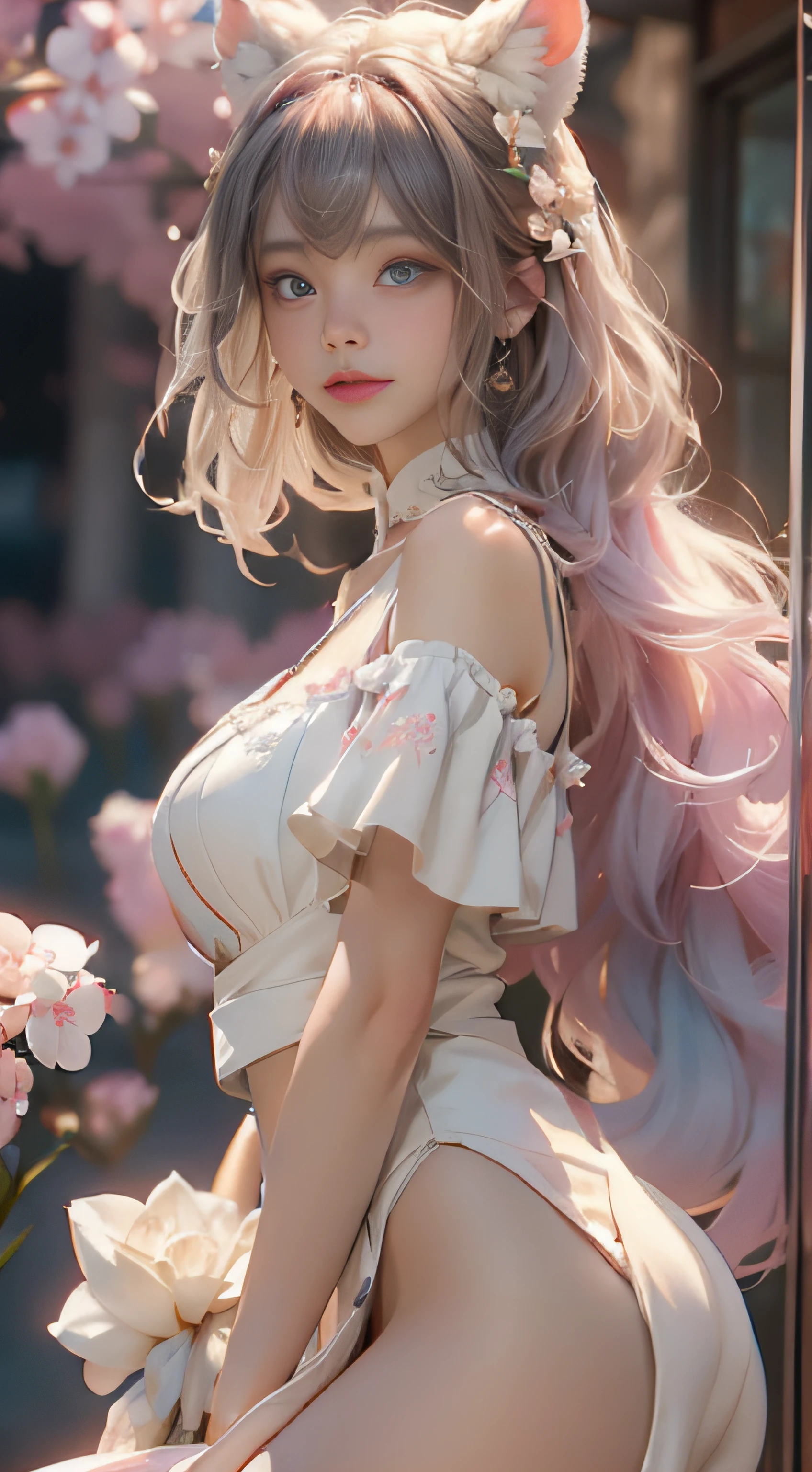 ((best qualtiy)), ((tmasterpiece)), (detail:1.4), Beautiful cyberpunk female images,hdr(HighDynamicRange),Ray traching,NVIDIA RTX,Hyper-Resolution,illusory 5,sub surface scattering,PBR textures,post-proces,Anisotropy Filtering,depth of fields,maximum definition and sharpness,Many-Layer Textures,Albedo e mapas Speculares,Surface coloring,Mitsu-Accurate simulation of material interactions,perfectly proportioned,rendering by octane,Two-colored light,largeaperture,Low ISO,White balance,Rule three points、8K raw data、Beautiful bright blue pupils,off-the-shoulder clothes,Fine pupils,Delicate face and eyes,long eyelasher,Blushlush,Delicate and fluffy hair,pink lip,Pure,Cute face,Sweet girl,Artistic sense,Casual wear,Advancedsense,butterflys,Cherry blossom petal,Beautiful hair accessories,Long hair and waist,Hair fluttering in the wind,Snow-white fox ears,curlies,Snow-white fluffy tail,Positive light,The light from the back window is backlighted