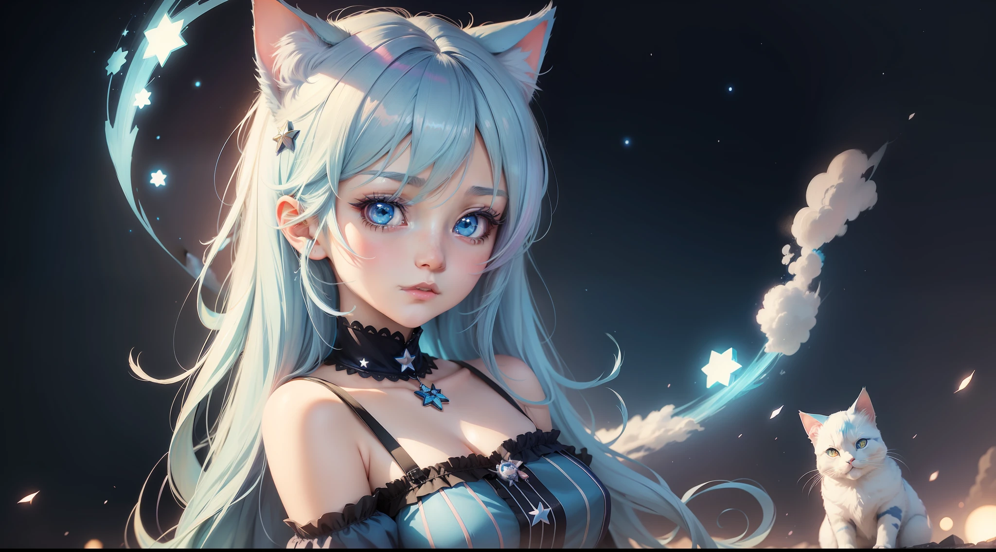 blue hairs,Anime girl with blue eyes and stars, Anime moe art style, mikudayo, anime girl with cat ears,beautiful anime catgirl, cute anime catgirl, Very beautiful anime cat girl, anime catgirl,portrait of, anime cat, Anime style portrait, style of anime4 K