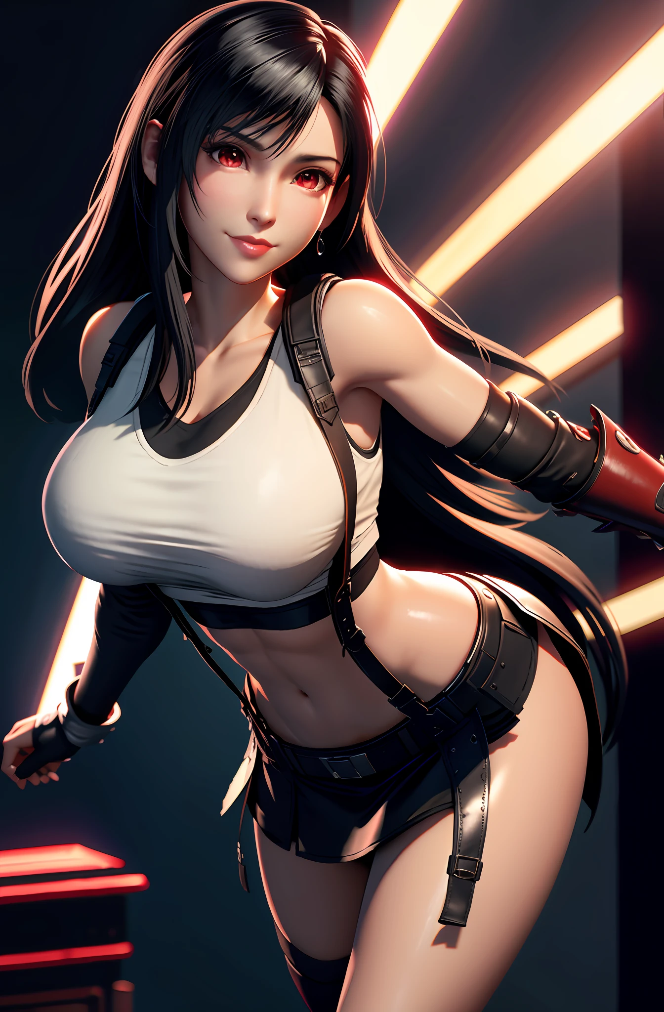 Tifa lockhart, tifa_lockhart,  ff7, sultry face, (white tank top:1.5), black latex miniskirt, (black long hair), hair bangs (red eyes:1.2) long eyelashes, surrealism, shadow, stereogram, POV, atmospheric perspective, cinematic lighting, ray tracing, 8k, super detail, best quality, masterpiece, well detailed,combat gloves, big breasts, slim, large boobs, huge boobs, spreading legs, white thong (smiling)