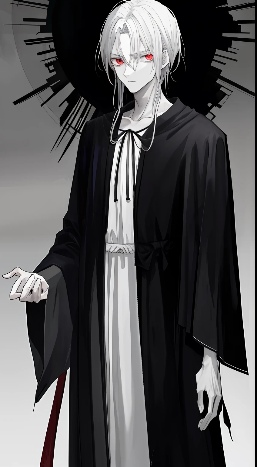 shoun ,Wearing a robe and looking haggard,skinny and thin,Has thick dark circles,Unhealthy white,Gray hair and a thin figure,