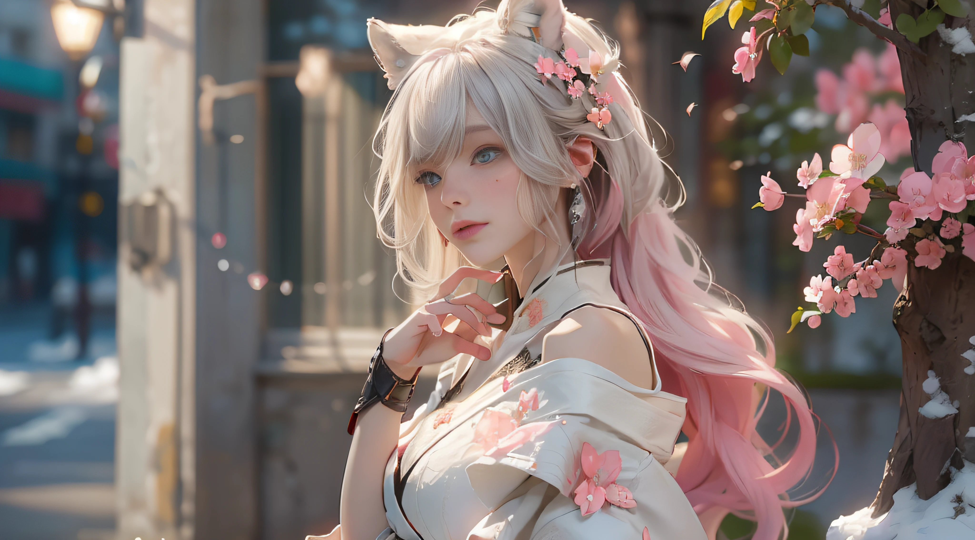 ((best qualtiy)), ((tmasterpiece)), (detail:1.4), Beautiful cyberpunk female images,hdr(HighDynamicRange),Ray traching,NVIDIA RTX,Hyper-Resolution,illusory 5,sub surface scattering,PBR textures,post-proces,Anisotropy Filtering,depth of fields,maximum definition and sharpness,Many-Layer Textures,Albedo e mapas Speculares,Surface coloring,Mitsu-Accurate simulation of material interactions,perfectly proportioned,rendering by octane,Two-colored light,largeaperture,Low ISO,White balance,Rule three points、8K raw data、Beautiful bright blue pupils,off-the-shoulder clothes,Fine pupils,Delicate face and eyes,long eyelasher,Blushlush,Delicate and fluffy hair,pink lip,Pure,Cute face,Sweet girl,Artistic sense,Casual wear,Advancedsense,butterflys,Cherry blossom petal,Beautiful hair accessories,Long hair and waist,Hair fluttering in the wind,Snow-white fox ears,curlies,Snow-white fluffy tail,Positive light,The light from the back window is backlighted