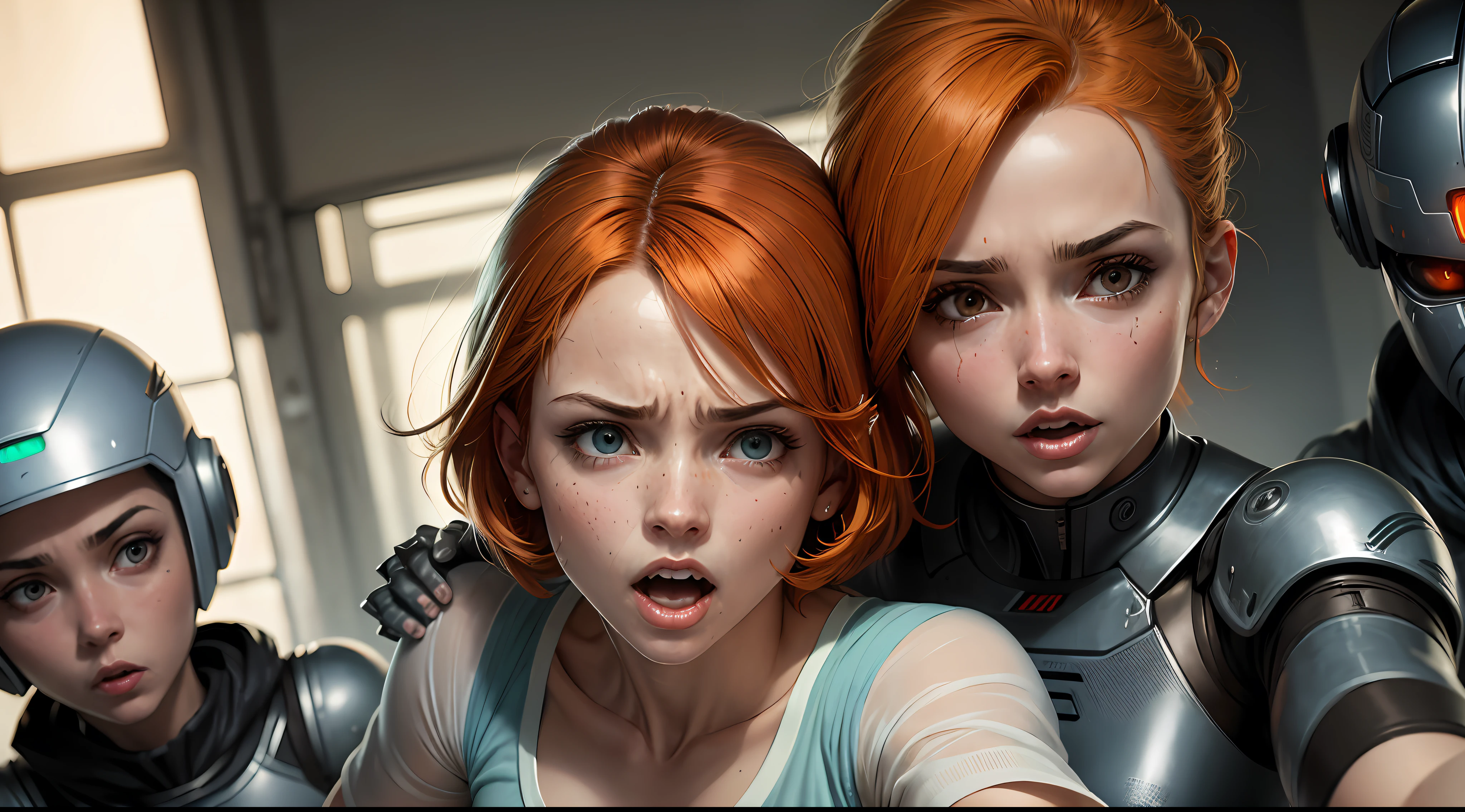 retrato, Realistic, uma mulher, Executando, Fugindo(assustado), short hair, orange hair, olhos azuis, vestidos de pijama, cara bonita, frightened facial expression, rosto bem detalhado, com um nevoeiro branco no fundo, (Chasing her trying to kill her, with insane facial expression (com seres celestes ao fundo, robot angels in the background of the image, clones do personagem no fundo distante)), fundo da floresta de pinheiros, colorido, espumoso, 8k