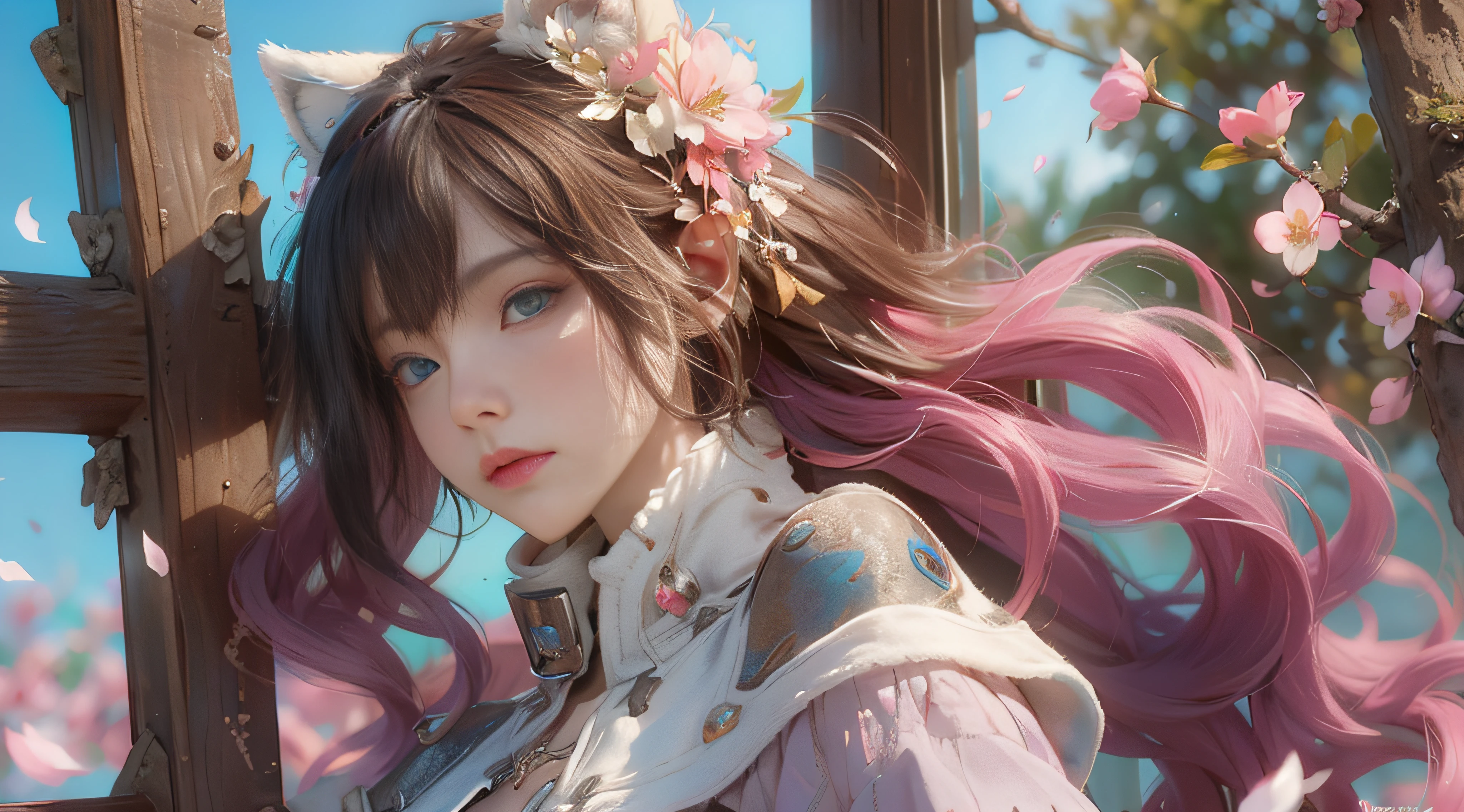 （（best qualtiy））， （（tmasterpiece））， （detail：1.4）， Beautiful cyberpunk female images，hdr（HighDynamicRange），Ray traching，NVIDIA RTX，Hyper-Resolution，illusory 5，sub surface scattering，PBR textures，post-proces，Anisotropy Filtering，depth of fields，maximum definition and sharpness，Many-Layer Textures，Albedo e mapas Speculares，Surface coloring，Mitsu-Accurate simulation of material interactions，perfectly proportioned，rendering by octane，Two-colored light，largeaperture，Low ISO，White balance，Rule three points、8K raw data、Beautiful bright blue pupils，off-the-shoulder clothes，Fine pupils，Delicate face and eyes，long eyelasher，Blushlush，Delicate and fluffy hair，pink lip，Pure，Cute face，Sweet girl，Artistic sense，Casual wear，Advancedsense，butterflys，Cherry blossom petal，Beautiful hair accessories，Long hair and waist，Hair fluttering in the wind，Snow-white fox ears，curlies，Snow-white fluffy tail，Positive light，The light from the back window is backlighted
