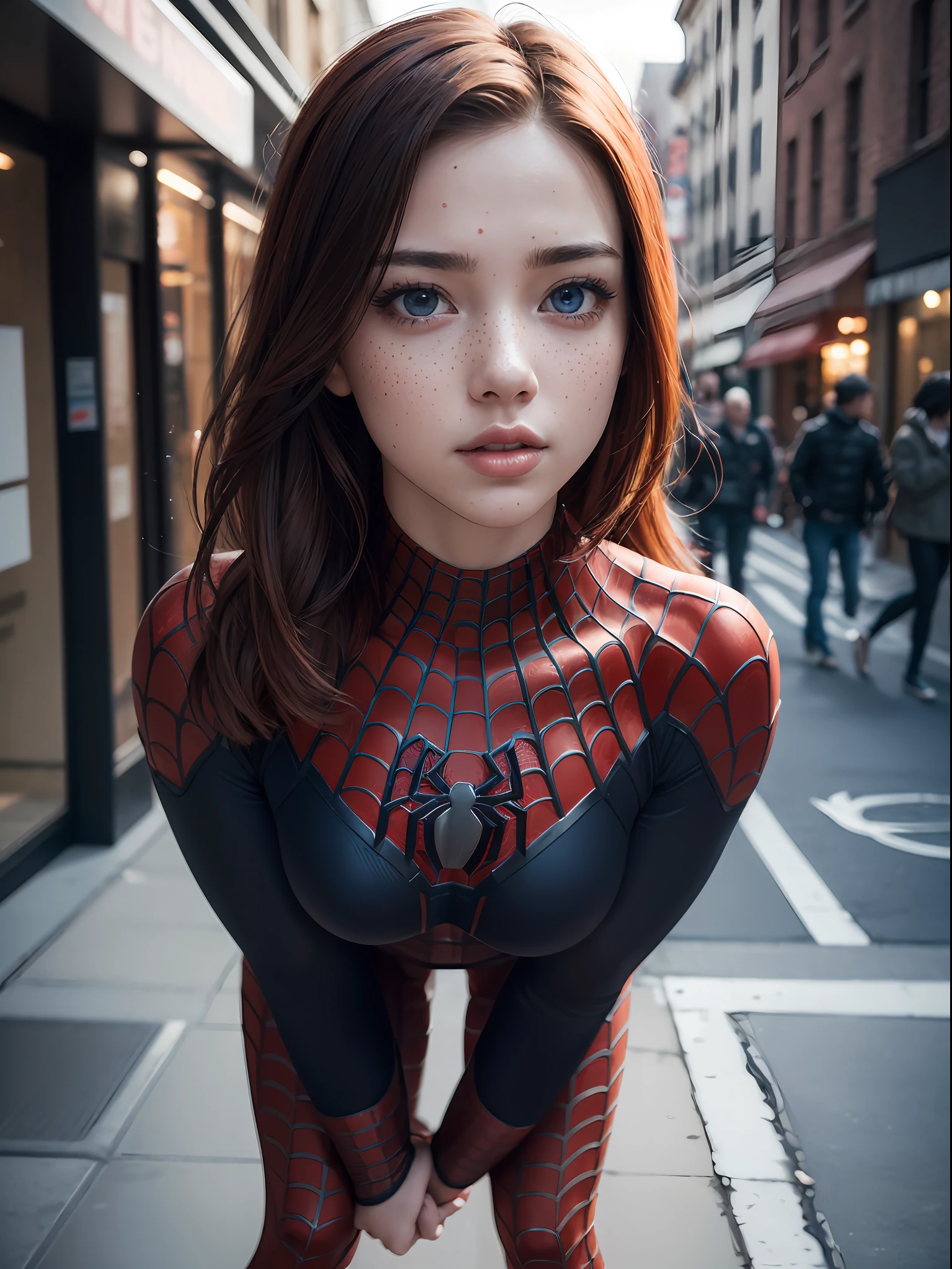 extremely detailed CG,UHD wallpaper, Extreme details,(realistic:1.2),(((best quality))), ((ultra-detailed)), (cute detailed face:1.2), {{highly detailed face}},beautiful and aesthetic,1girl,(masterpiece:1.4),glowing skin,dramatic shadows, intense shadows, SIGMA 35mm F1.4, ISO 200 Shutter Speed 2000,Photorealism,{photorealistic}, photogenic, Girl, finely detailed,HIGH RES, {{intricate detail}},(((beautiful detailed lighting))),beautiful detailed colorful eyes, best quality, 1girl, masterpiece, best quality, 8k, detailed skin texture, detailed cloth texture, beautiful detailed face, intricate details, ultra detailed, european youth, european beauty, Spider-Man uniform, straight red hair, freckles, (full body:1.5), (detailed eye:1.2), new york streets, from back, dynamic pose