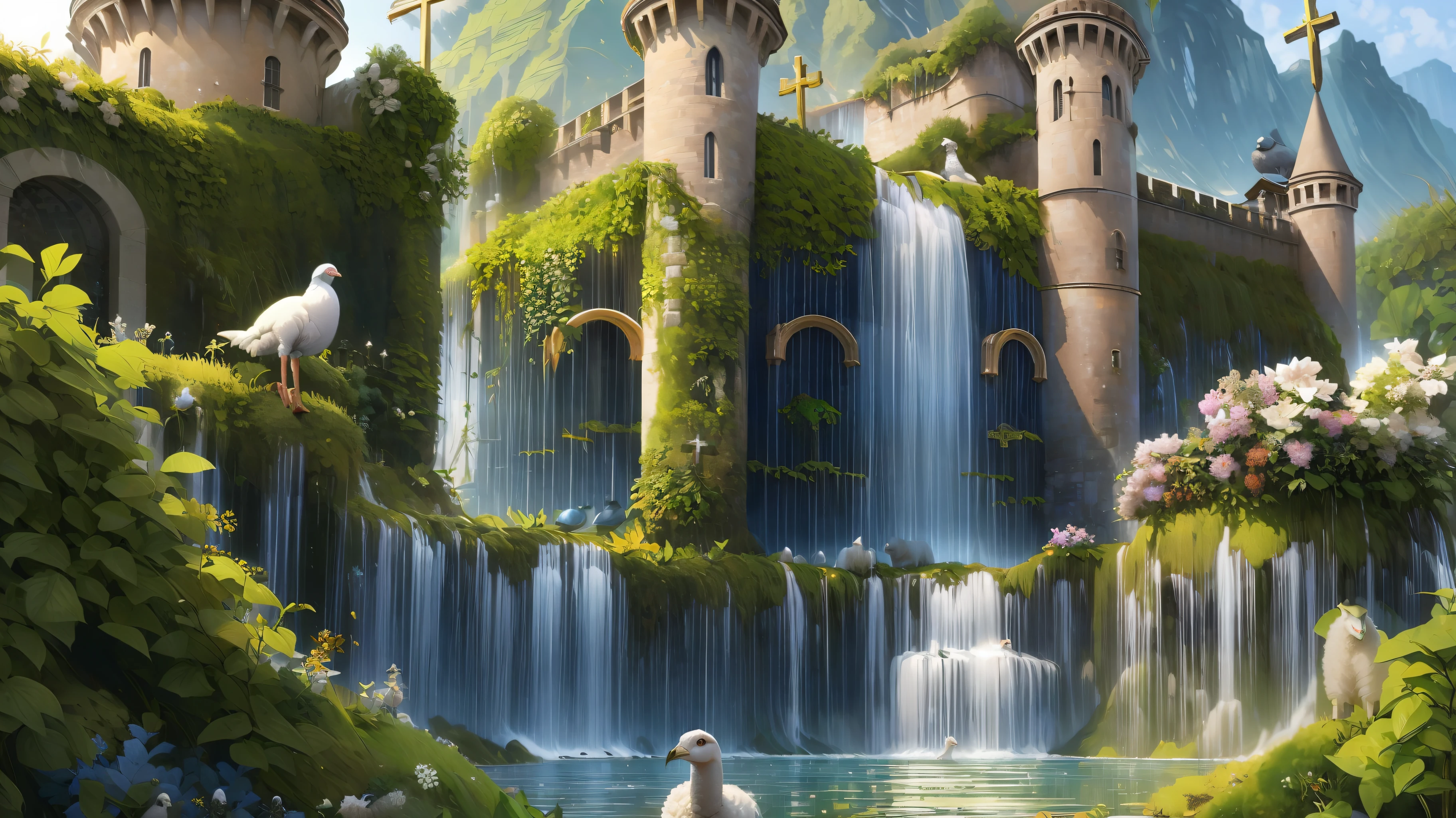 (Best quality),(Masterpiece),(Ultra detailed),(high detal),(extremely detaile),Castle, fantasy, chies, crosses, alleys, Multiple levels, overgrown with plants, Waterfalls, waterfallr, overgrown with vines, A flock of sheep，smali，pigeons，magical scene, Hyperrealistic, 16k, High details