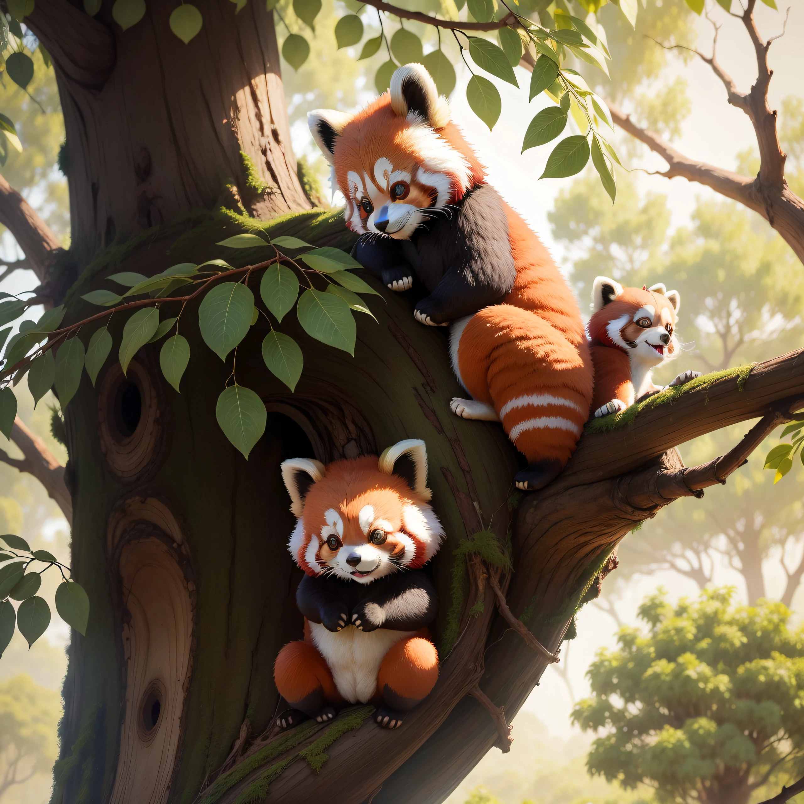 Cute red panda parent and child、Climbing a eucalyptus tree、Scene of eating leaves in harmony