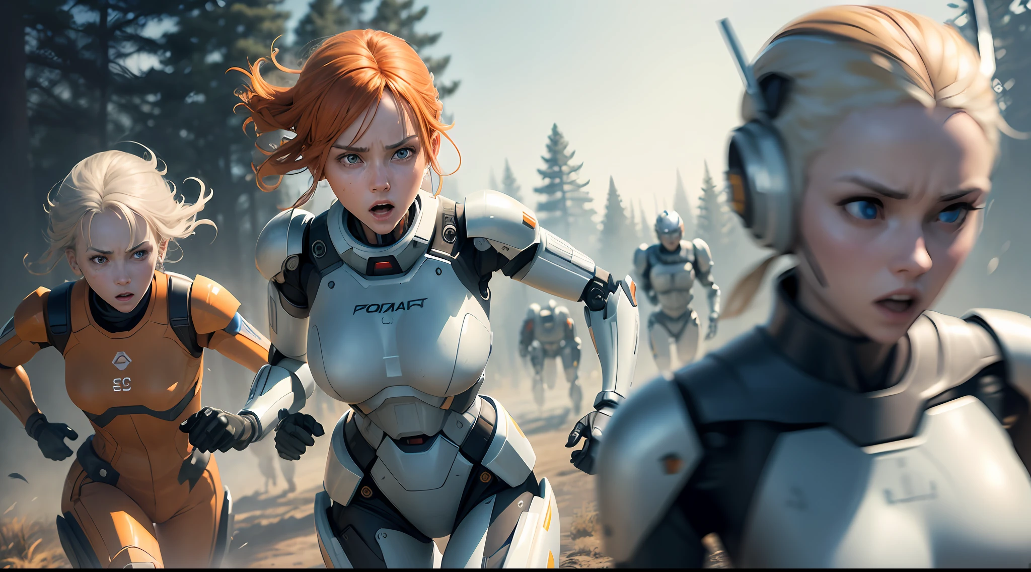 Portrait, realistic, one woman, running, running away(Scared), short hair, orange hair, blue eyes, dressed in pajamas, pretty face, frightened facial expression, well detailed face, with a white fog in the background, (Chasing her trying to kill her, with insanity facial expression (with celestial beings in the background, robot angels in the background of the image, clones of the character in the far background)), pine forest background, colorful, foamy, 8k