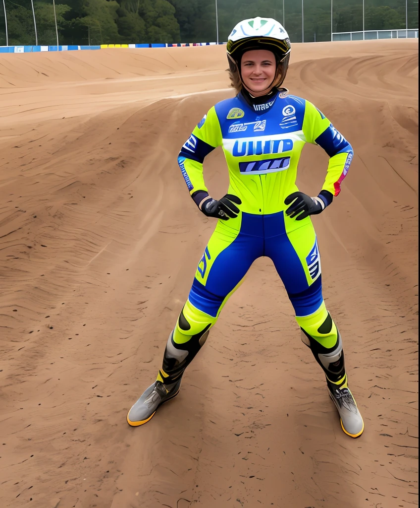 Mulher bonita, 45 anos, posando para uma foto   em uma pista de motocross vestida com uniforme de motocross boca perfeita sorriso bonito hiperrealista corpo inteiro obra prima melhor qualidade foto cinematografica, papel de parede 8k extremamente detalhado