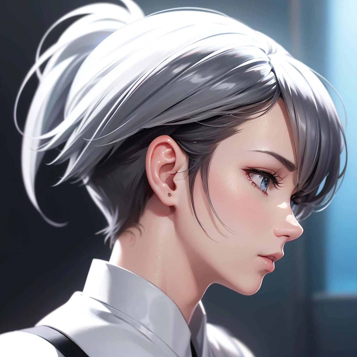 Profile back & white body Grey short hair man closeup Sci-Fi cute Anime Japan 2d Sharp focus 16k resolution Very sharp, Hyper detailed, 8k, Hyper realistic detail