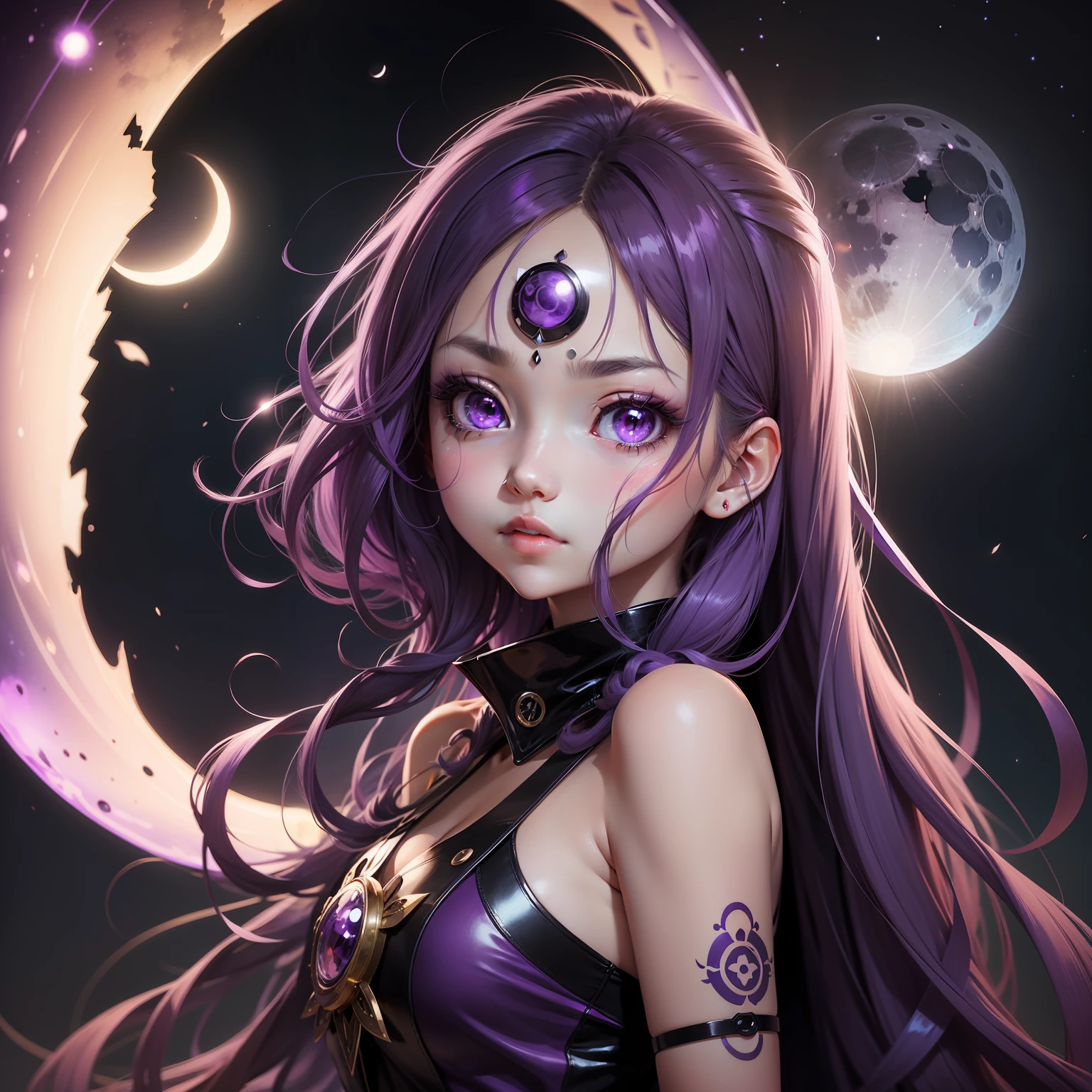 Purple anime girl with a moon symbol on forehead purple night theme under moon kawaii anime with eyes glowing purple