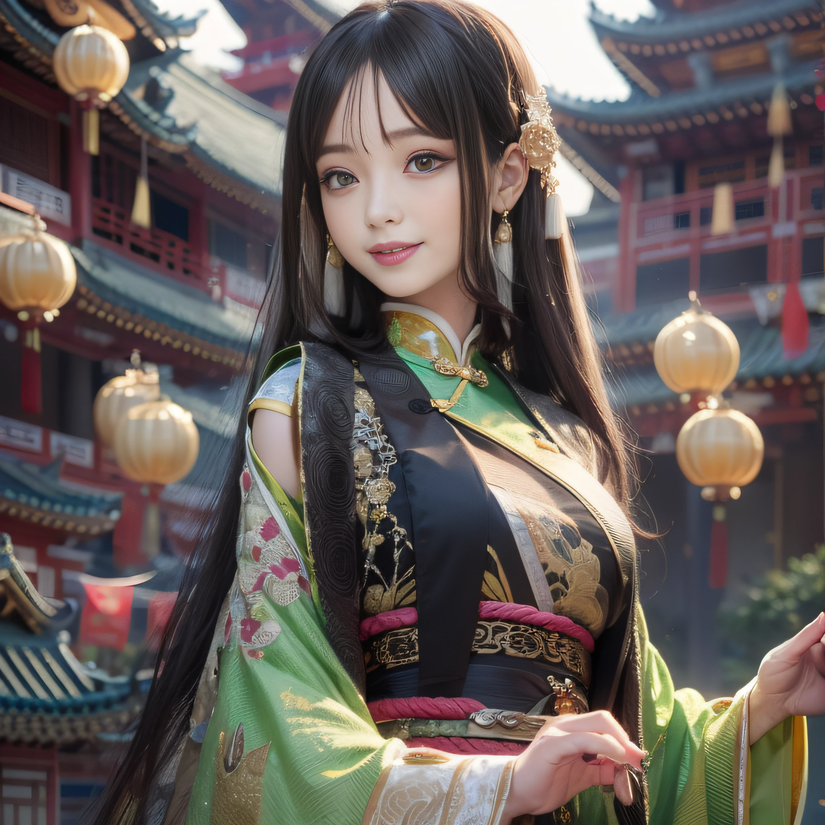 wearing short skirt，A woman who is ，A flowing robe, Wearing ancient Chinese clothes, Gorgeous flowing skirt, Princesa chinesa antiga, floating dress, wearing ornate silk clothes, with acient chinese clothes, Lotus Princess，full face blush, Sony FE GM, Super detail, High details, hyper HD, retinas, ccurate, A high resolution, 4K， Black hair, hair bobbles, wince, long eyelasher, solid circle eyes, Light smile, Ear blush, Fang, surrealism, anaglyph, tachi-e, angle of view, Atmospheric perspective, Close-up, 8K, Super detail, ccurate, Best quality
