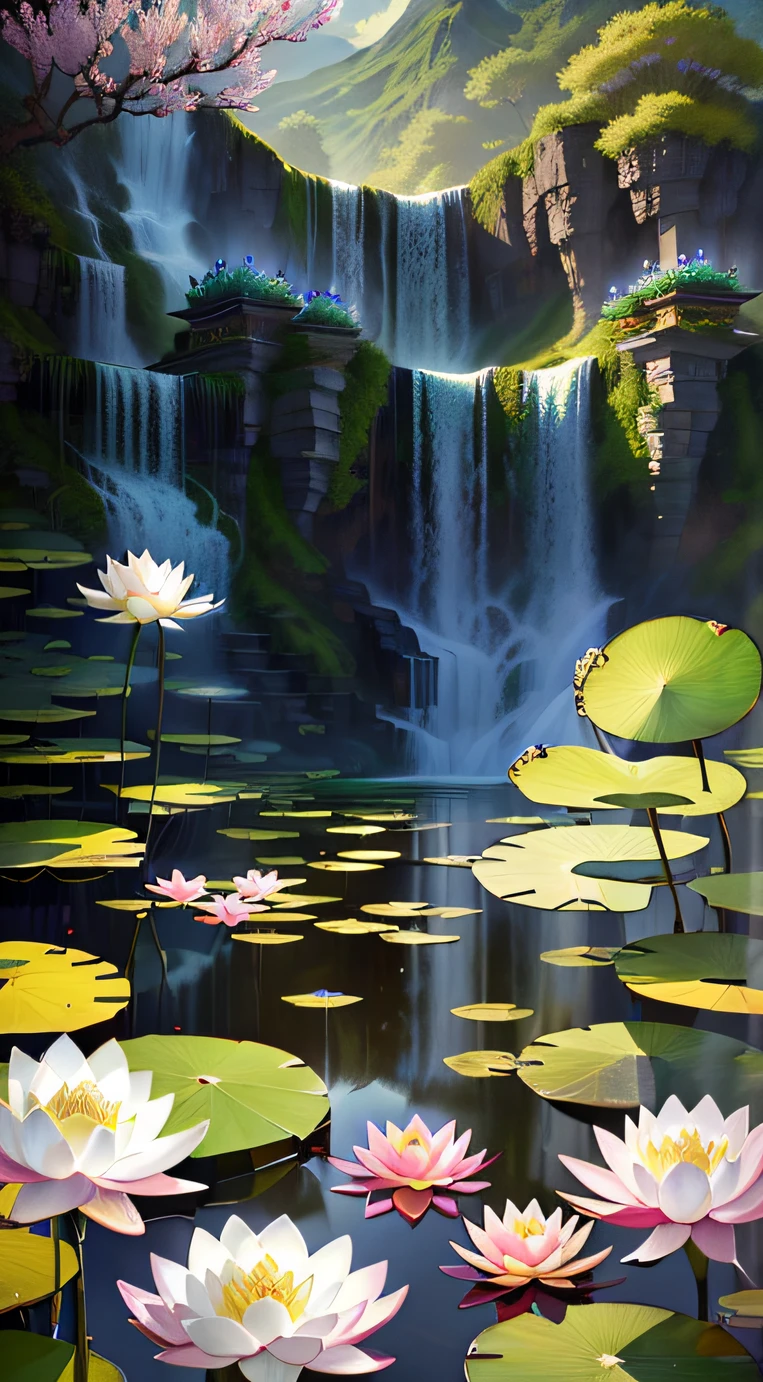 Draw a pond with water lilies and waterfalls, by Yang J, background artwork, A beautiful artwork illustration, Lotus pond, By Li Song, Beautiful digital artwork, arte de fundo, beautiful digital painting, gilded lotus princess, Lotus, floral environment, Digital painting | Intricate, G Liulian art style, ross tran. scenery background, author：Shitao
