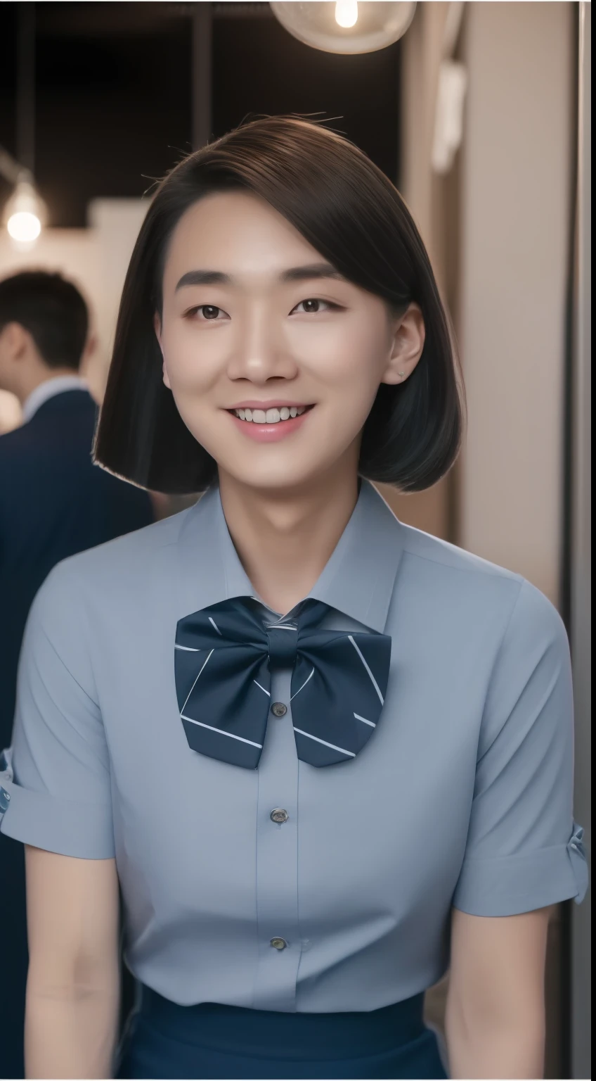 1boy,(8K, RAW photo, Best quality, Master:1.2), (Realistic, photo-realistic:1.37), Ultra-detailed, 1 girl, Cute, Solo, Beautiful detailed sky, Detailed Cafe, Night, Sitting, dated,(blush of nose),(ssmile:1.1),(Keep one's mouth shut),Bigchest,Seductive smile,Large spacing,Professional lighting,Sony A7R4,Zessie 50mm F1.8,cool guy(collar shirt:1.1),neck bowtie,pleatedskirt,(short detailed hair:1.2),floated hair