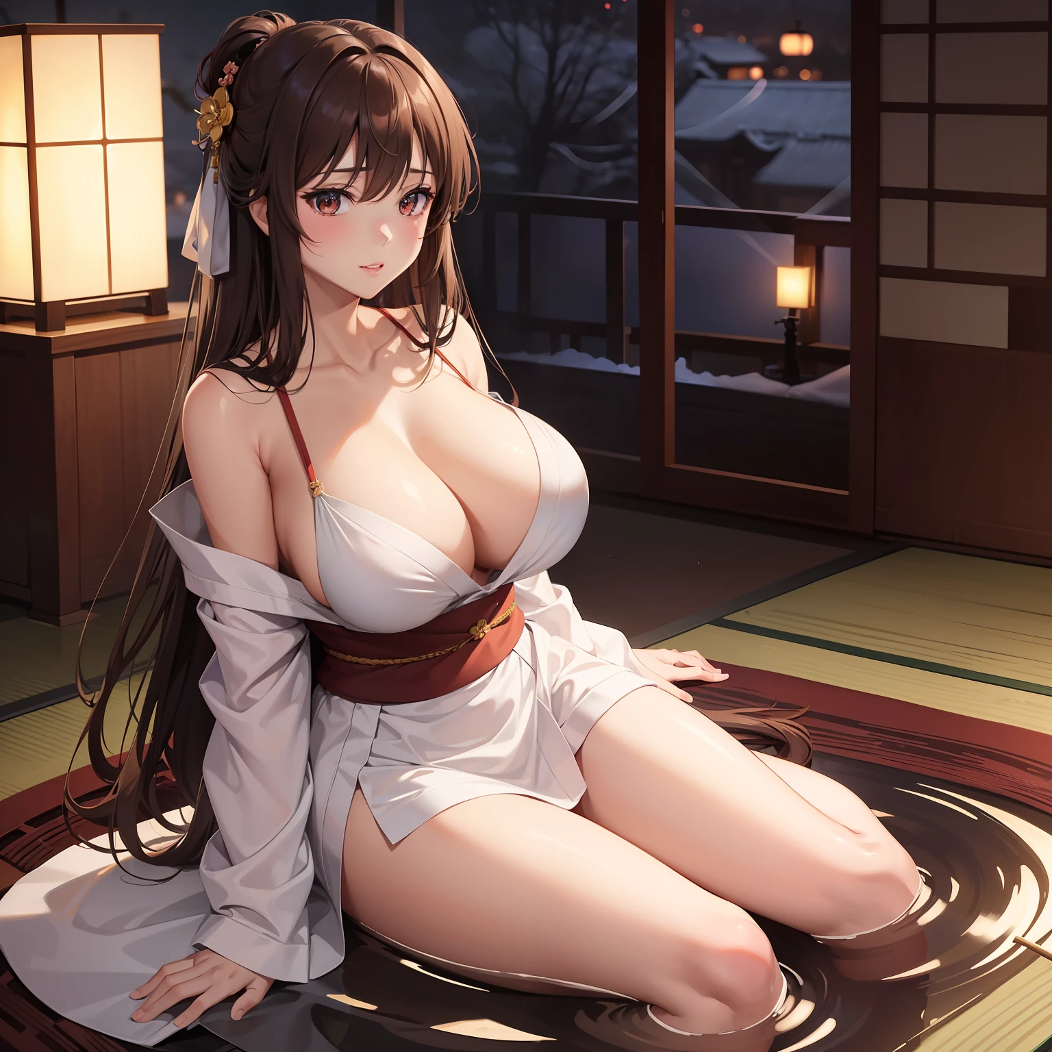 super high image, super detail, high resolution, anime, manga, illustration, hot spring inn, open yukata, sit astride, straddling, wariza, yokozuwari, beautiful woman, flowing layered wavy messy light brown hair, glossy eyes, mysterious, enchanting, amorous expression, seductive look, alluring moist half open lips, huge breasts, under boob, great proportion, perfect proportion, slender, full body, background indoors at night, Japanese-style room
