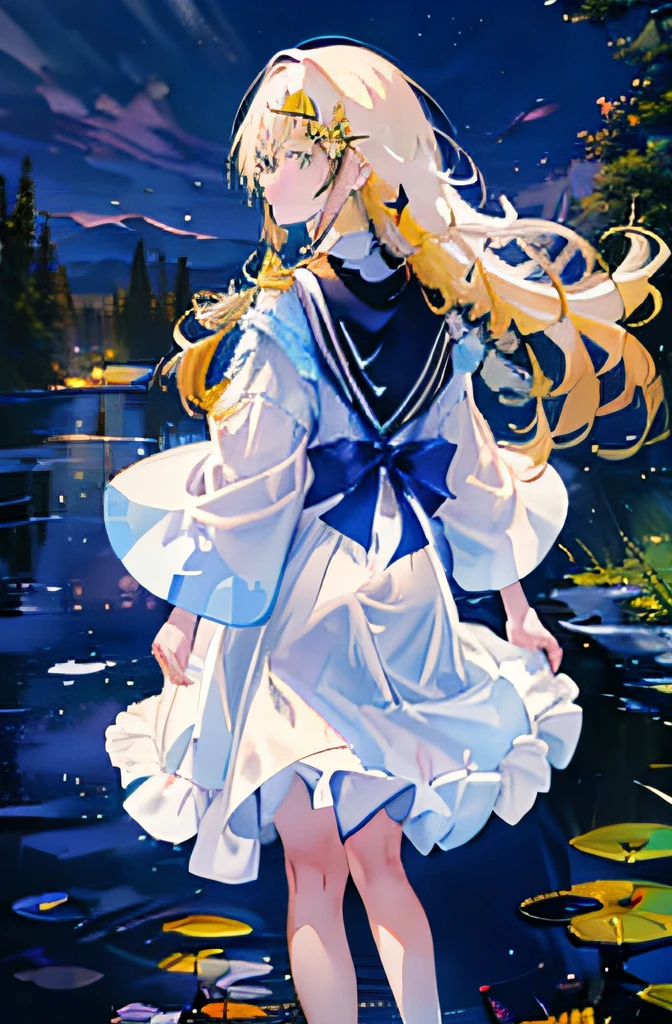 (Highest picture quality), (Master's work),(Detailed eyes description),(Detailed face description)(back view), 1girl, yellow eyes, shiina mahiru, yellow hair,(very long hair),very long hair (floating in the wind), back-view, looking back, hair ornament, flower hair ornament. head band, ribbon, white dress, visible shoulders, blush, pond, petals (lens flare), walking on pond, water reflection, pond, cleavage, medium breast, aurora sky, night sky, galaxy sky, horizon, mountains, forest, moon, (cover-style:1.3), fashionable, woman, vibrant, posing, front, colorful, dynamic, background, elements, shy, expression, holding, statement, accessory, majestic, coiled, around, touch, scene, attention-grabbing, catchy, modern, trendy, focus, fashion, realistic lighting, extreme blushing