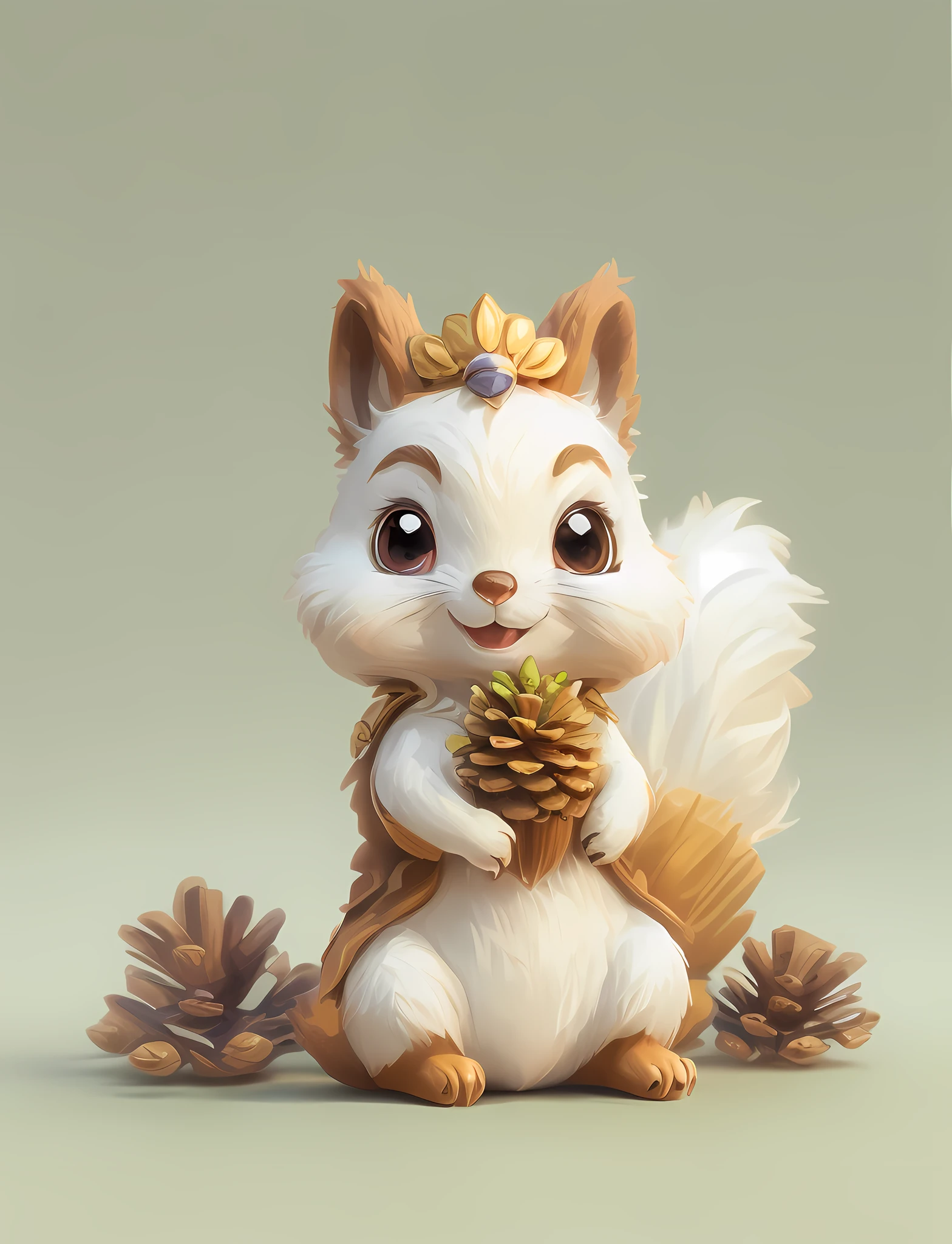 A super cute Squirrel with big eyes, wearing white and golden ethnic style clothing, holding a pinecone, cute expression, charming smile, Super high detail, solid color background, Exquisite, 3D effect, Blind box toy, Garage Kit, Super high precision, Perfect lighting, OC renderer, Blender, 8k, Super clear, Super noise reduction --q 2 --s 450 --ar 3:4 --v 5.1