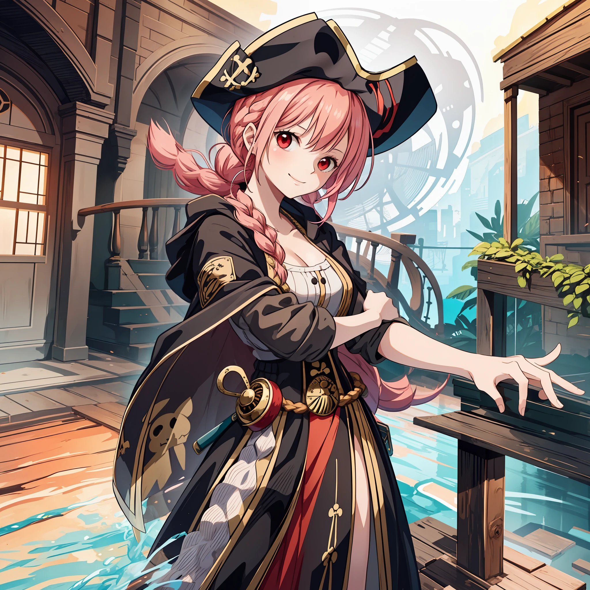 top-quality,​masterpiece,Masterpiece,8k,high-level image quality,High pixel count,detail portrayal,1人の女性,1girl,独奏,Peachy Hair,Long,braid hair,Red eyes,cowboy  shot,Standing figure,Slender body line,pirate clothing,Black pirate clothes,Pirate's Cloak,Pirate Hat,a smile,full bodyesbian,Wooden embankment,