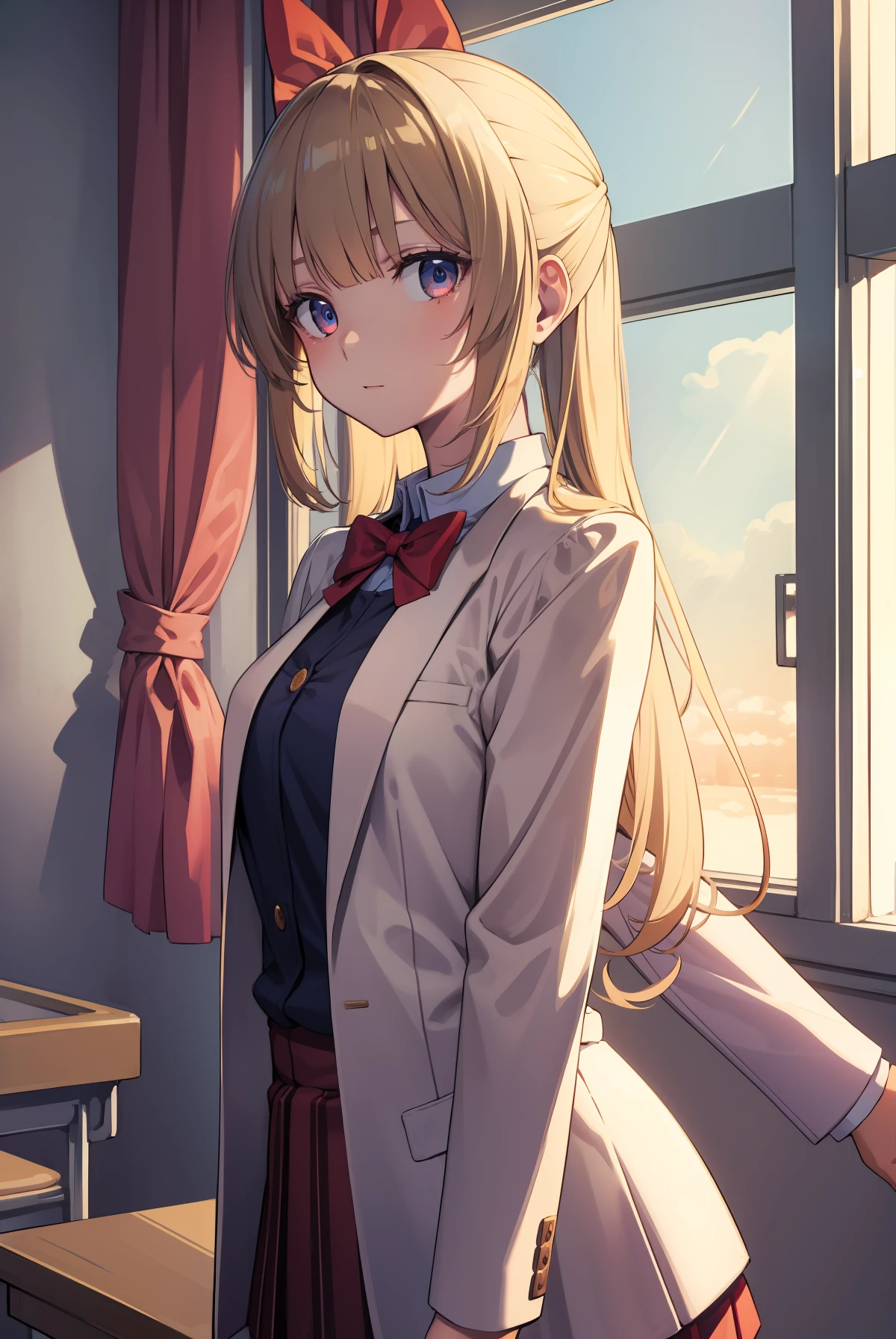 Long Beige-colored hair, bangs, blunt bangs, (crimson eyes:1.1), , shirt, white headband,
shirt, bow, school uniform, jacket, (red jacket:1.2), pleated skirt, bowtie, sweater, (blue bow:1.2), (blue shirt:1.2),
BREAK indoors, classroom,
BREAK looking at viewer, BREAK (masterpiece:1.2), best quality, high resolution, unity 8k wallpaper, (illustration:0.8), (beautiful detailed eyes:1.6), extremely detailed face, perfect lighting, extremely detailed CG,
