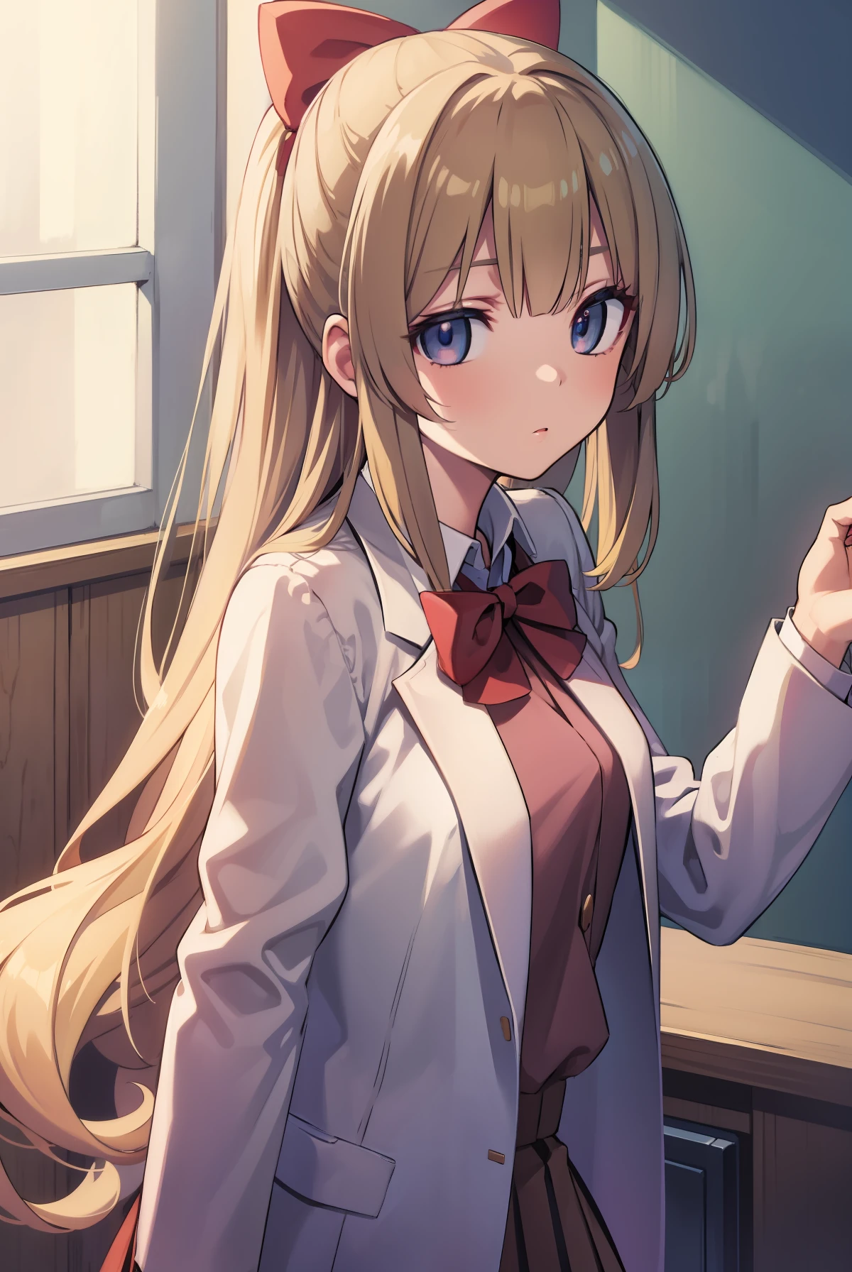 Long Beige-colored hair, bangs, blunt bangs, (crimson eyes:1.1), , shirt, white headband,
shirt, bow, school uniform, jacket, (red jacket:1.2), pleated skirt, bowtie, sweater, (blue bow:1.2), (blue shirt:1.2),
BREAK indoors, classroom,
BREAK looking at viewer, BREAK (masterpiece:1.2), best quality, high resolution, unity 8k wallpaper, (illustration:0.8), (beautiful detailed eyes:1.6), extremely detailed face, perfect lighting, extremely detailed CG,