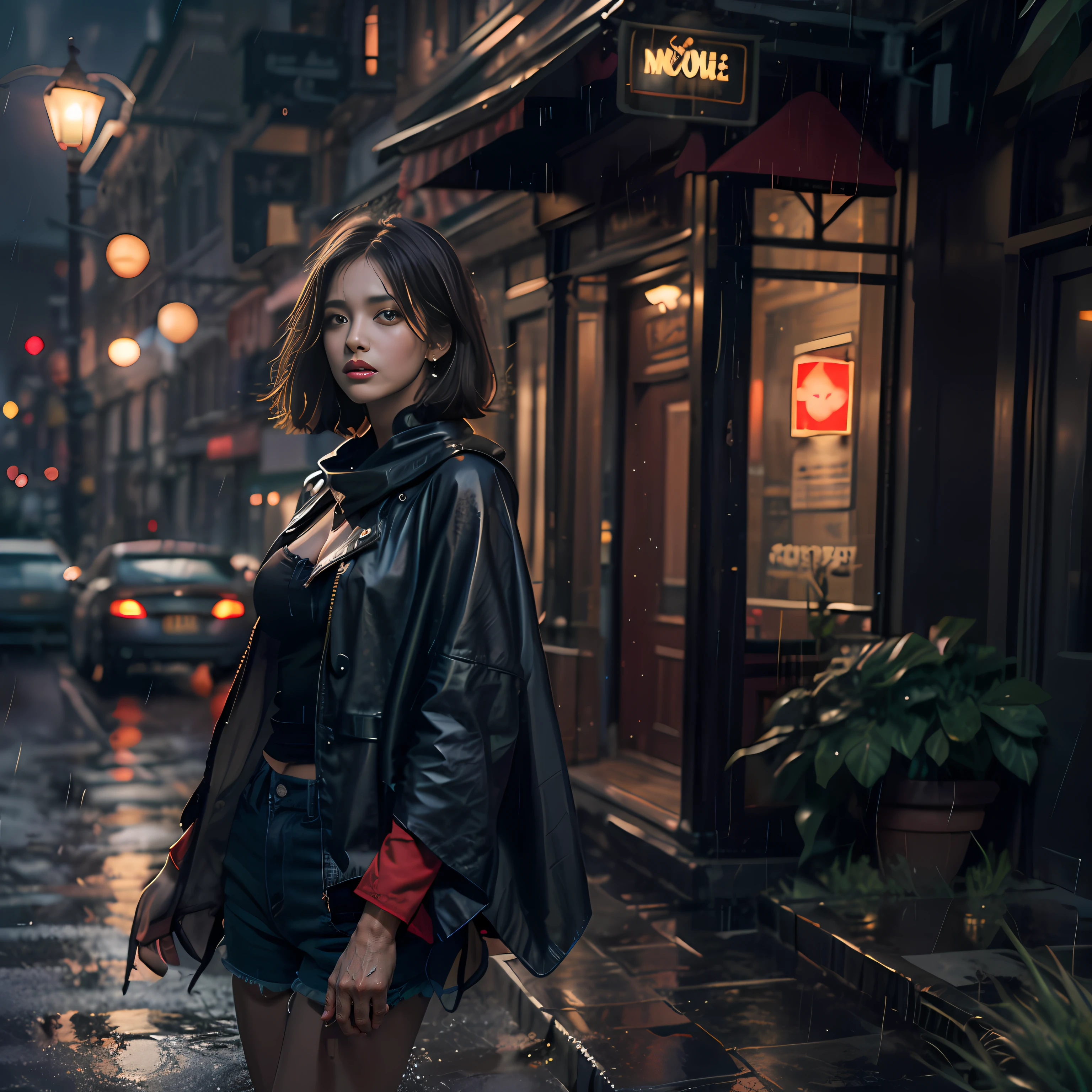 Warm color environment,femele,brunette color hair,shoulder-length short hair,nigth,No man's intersection,very heavy rain,lamplight,Black cape shawl,Black bandeau,Black denim shorts,Medium-breasted,Sexy body