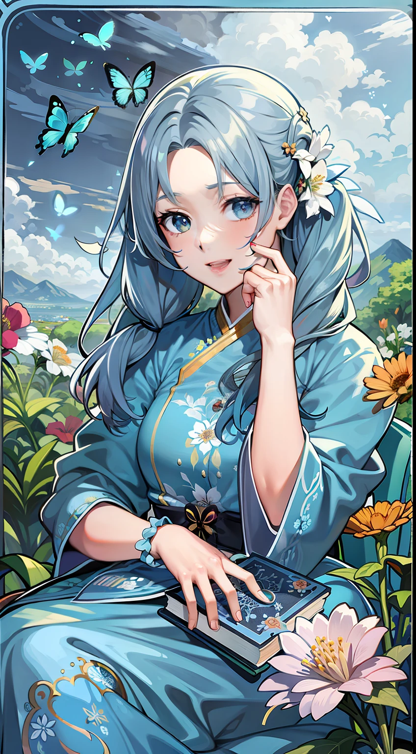 (Realistic painting style:0.9),(Imitation of traditional media:1.0),tmasterpiece,best qualtiy,Bokeh,depth of fields,side looking,Ayaka Kamisato(Spring flower letters),Ayaka Kamisato,bluntbangs,Butterfly hair ornaments,hairflower,a blue dress,1girll,Girl sitting in chair,Shy butterfly,Gray eye,florals,hair adornments,lightblue hair,exteriors,独奏,Skysky,Blue nails,clouds,By bangs,longer sleeves,Take it,looking at viewert,blue butter fly,pigtails,shift dresses,In the daytime,blue-sky,mediuml breasts,mostly cloudy sky,Be red in the face,Raise your index finger,Blue flowers,ssmile,Keep one's mouth shut,holding open book,tarot cards,Green background,