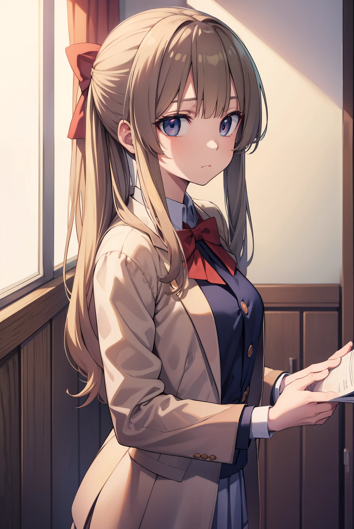 Long Beige-colored hair, bangs, blunt bangs, (crimson eyes:1.1), , shirt, white headband,
shirt, bow, school uniform, jacket, (red jacket:1.2), pleated skirt, bowtie, sweater, (blue bow:1.2), (blue shirt:1.2),
BREAK indoors, classroom,
BREAK looking at viewer, BREAK (masterpiece:1.2), best quality, high resolution, unity 8k wallpaper, (illustration:0.8), (beautiful detailed eyes:1.6), extremely detailed face, perfect lighting, extremely detailed CG,