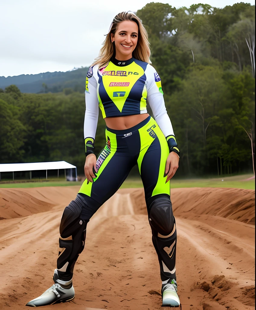Mulher bonita, 45 anos, posando para uma foto em uma pista de motocross vestida com uniforme de motocross boca perfeita sorriso bonito hiperrealista corpo inteiro obra prima melhor qualidade foto cinematografica, papel de parede 8k extremamente detalhado