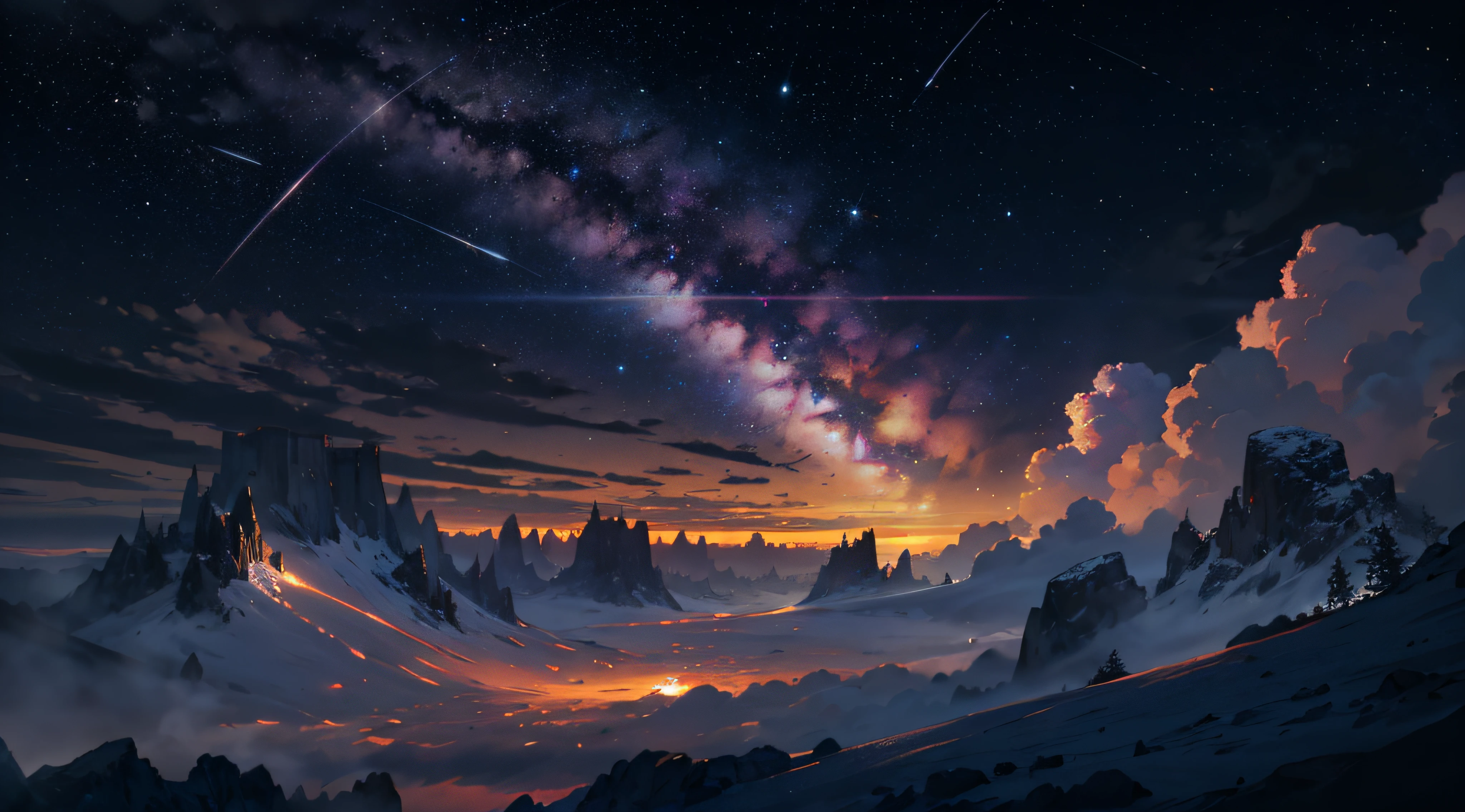 Expansive landscape photograph，（moon full：1.2），（meteors：0.9），（Starcloud：1.3），（Warm light source：1.2），（glowworm：1.2），lamp lights，Lots of purple and orange，Complicated details，Volumetriclighting，Realism BREAK（tmasterpiece：1.2），（best qualtiy），8K，Ultra-detailed，（dynamic compositions：1.4），The is very detailed，Colorful details，（Irridescent color：1.2），（luminouslighting，Atmospheric lighting），dream magical，magical，（独奏：1.2），（（best qualtiy））， （（tmasterpiece））， （the detail：1.4），depth of fields，maximum definition and sharpness，perfectly proportions，Fluttering clouds，Wallpapers