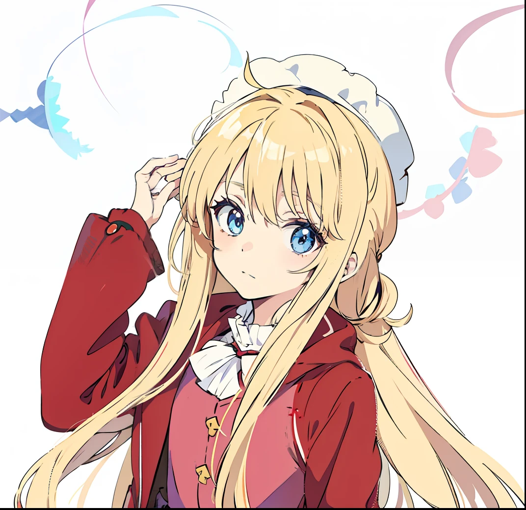 Tita Russell,anime girl with long blonde hair and blue eyes in red coat, anime style like fate/stay night, blonde anime girl with long hair, rena nounen style 3/4, small curvy , in an anime style, in anime style, loliime girl with long hair, in ryuuou no oshigoto art style, kinmoza!