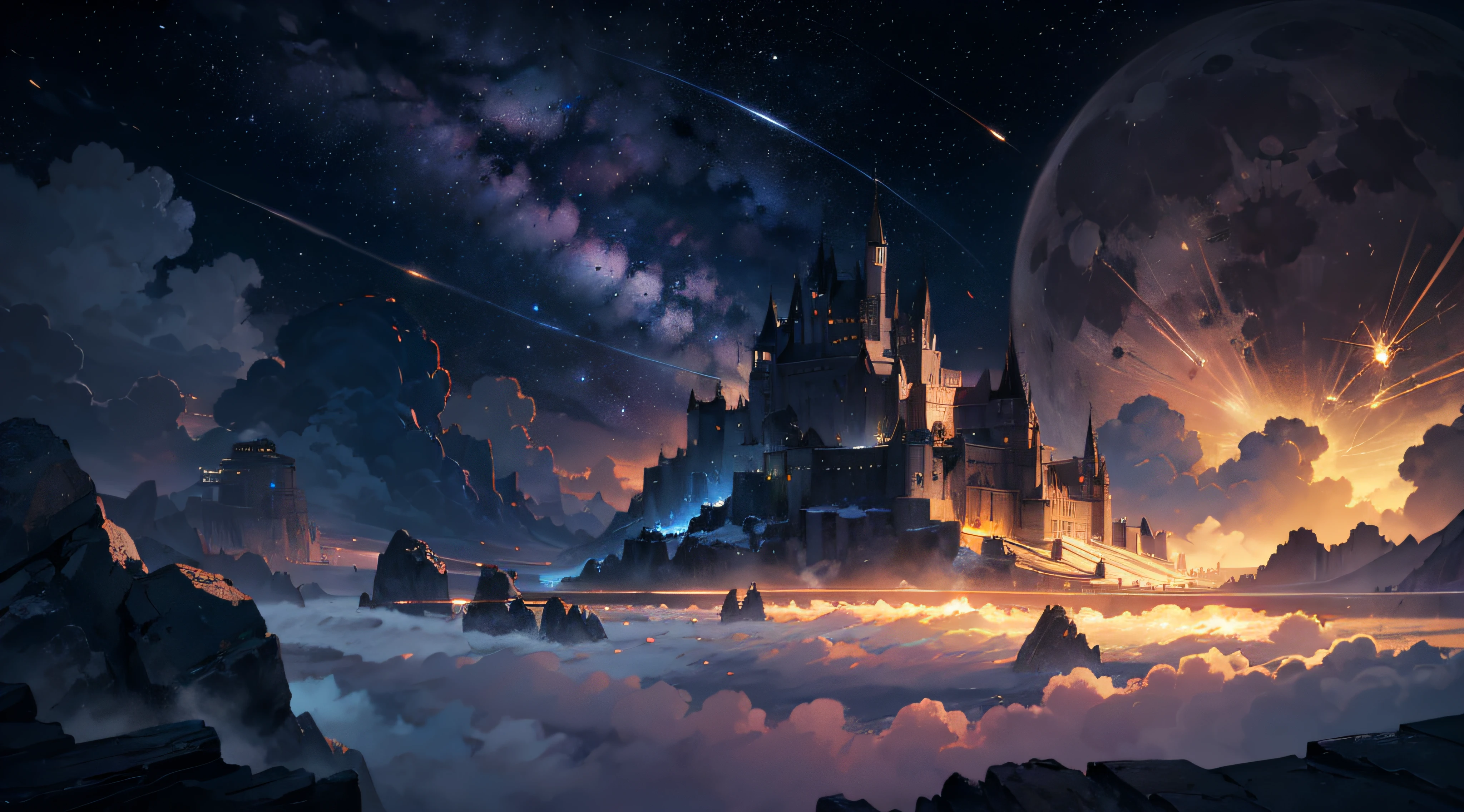 Expansive landscape photograph，（moon full：1.2），（meteors：0.9），（Starcloud：1.3），（Warm light source：1.2），（glowworm：1.2），lamp lights，Lots of purple and orange，Complicated details，Volumetriclighting，Realism BREAK（tmasterpiece：1.2），（best qualtiy），8K，Ultra-detailed，（dynamic compositions：1.4），The is very detailed，Colorful details，（Irridescent color：1.2），（luminouslighting，Atmospheric lighting），dream magical，magical，（独奏：1.2），（（best qualtiy））， （（tmasterpiece））， （the detail：1.4），depth of fields，maximum definition and sharpness，perfectly proportions，Fluttering clouds，Wallpapers