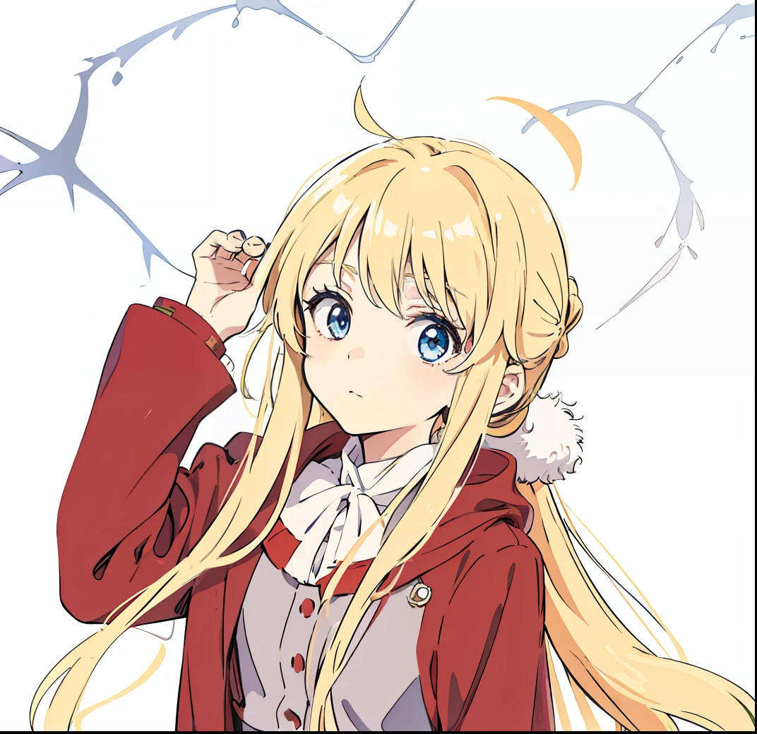 Tita Russell,anime girl with long blonde hair and blue eyes in red coat, anime style like fate/stay night, blonde anime girl with long hair, rena nounen style 3/4, small curvy , in an anime style, in anime style, loliime girl with long hair, in ryuuou no oshigoto art style, kinmoza!
