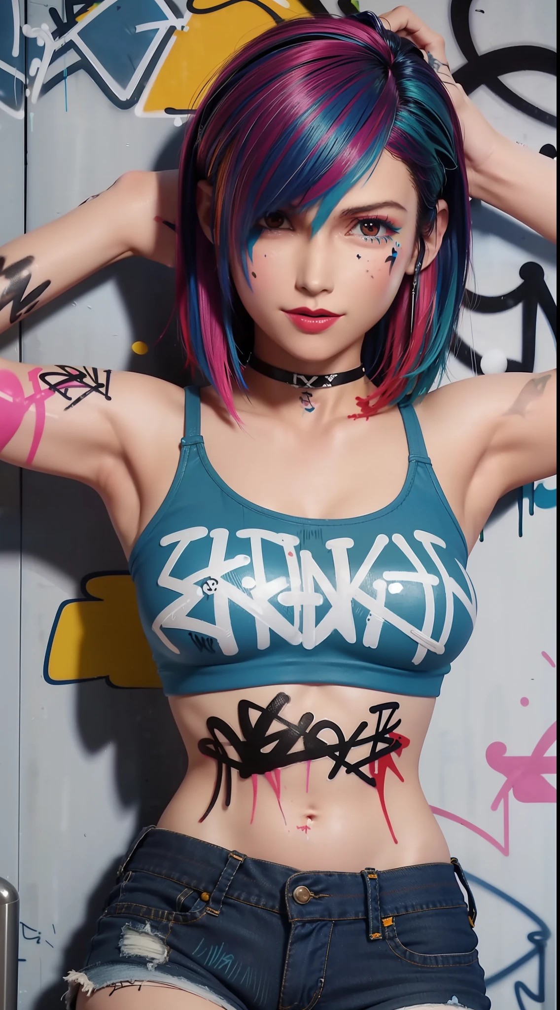 masterpiece, best quality, 1girl, solo, crop top, denim shorts, choker, (graffiti:1.5), paint splatter, arms behind back, against wall, looking at viewer, armband, thigh strap, paint on body, head tilt, bored, multicolored hair, aqua eyes, headset,