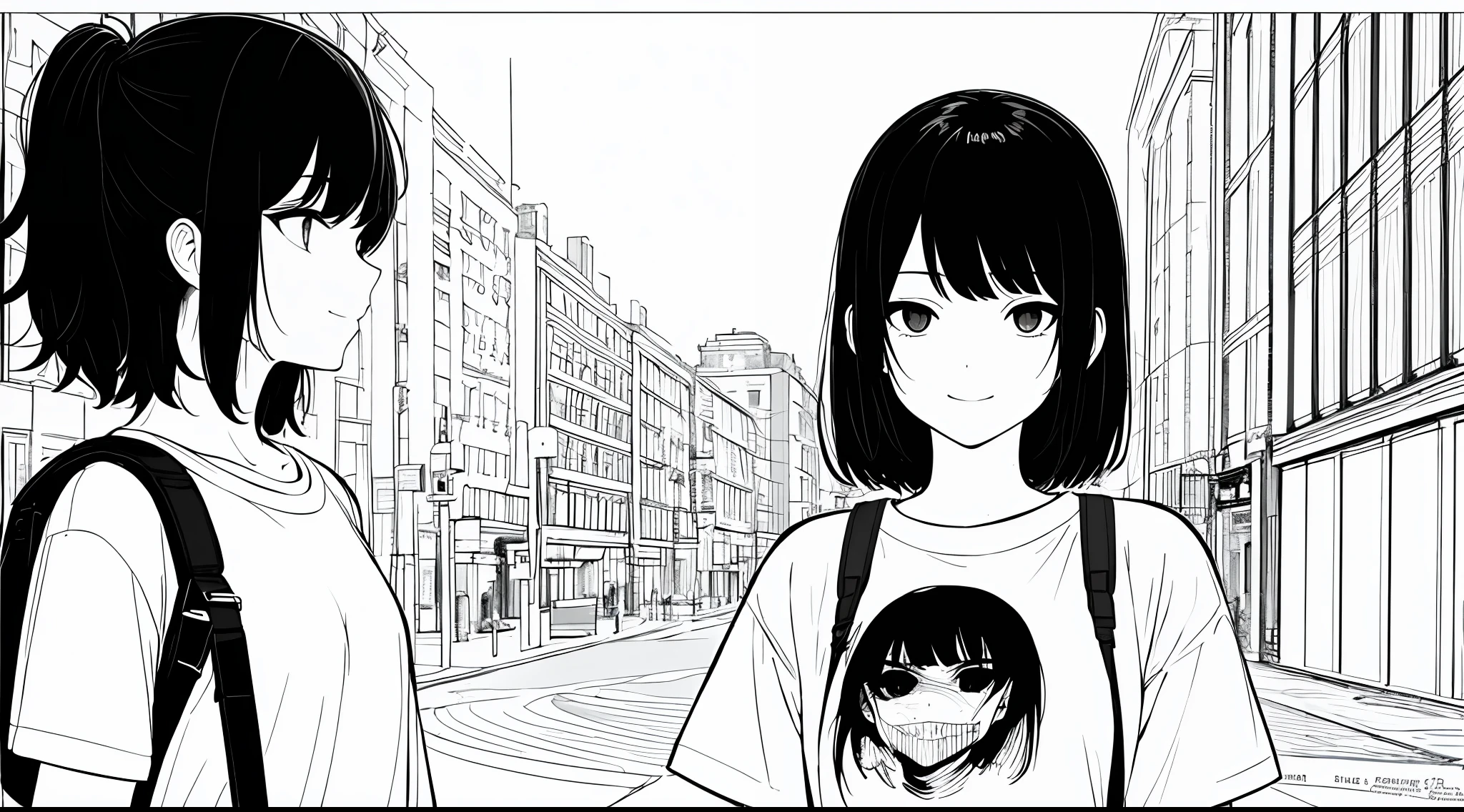 masterpiece, top-quality, (1girl in), tshirts, A slight smil, backpack, A dark-haired, Black eyes, cyberpunked, a street, monochromes, line-drawing