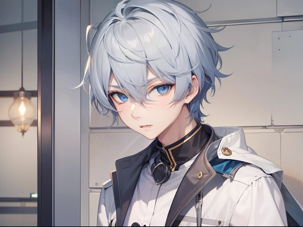 Best quality, tmasterpiece, Single full body, 18 years old boy, Tall, Short gray hair, blue color eyes, The expression is mocking, w hotel