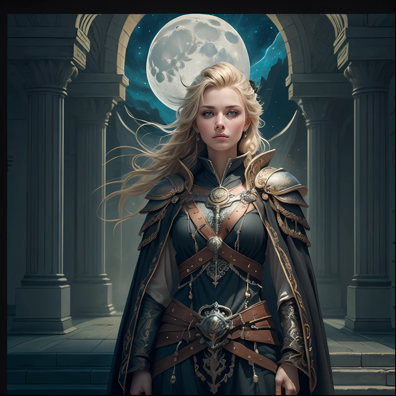 high details, best quality, 8k, [ultra detailed], masterpiece, best quality, (extremely detailed), ultra wide shot, photorealistic, fantasy art, dnd art, rpg art, realistic art, an ultra wide picture of female human cleric, holding a spear, wearing black cloak, black robe with stars sigils (intricate details, Masterpiece, best quality: 1.5), holy symbol casting a spell, white magical sigils (intricate details, Masterpiece, best quality: 1.5),  wearing black armor, plate mail armor (intricate details, Masterpiece, best quality: 1.5), stars and moon symbol, blue light from symbol, blond hair (intricate details, Masterpiece, best quality: 1.5), long hair, braided hair, small, intense eyes, green eyes, moon and strars background, ((divine worship atmosphere)), moon light high details, best quality, highres, ultra wide angle
