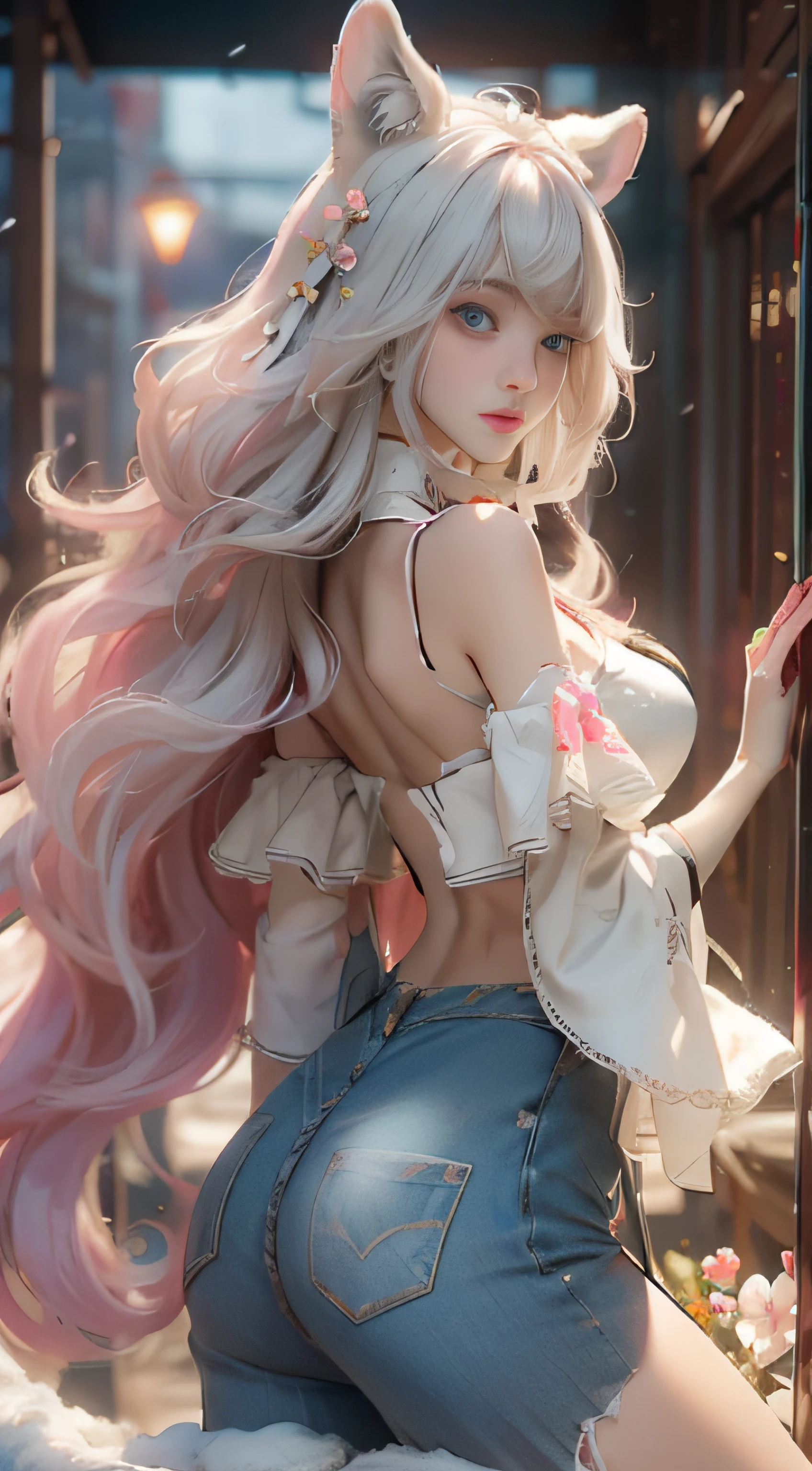 ((best qualtiy)), ((tmasterpiece)), (detail:1.4), Beautiful cyberpunk female images,hdr(HighDynamicRange),Ray traching,NVIDIA RTX,Hyper-Resolution,illusory 5,sub surface scattering,PBR textures,post-proces,Anisotropy Filtering,depth of fields,maximum definition and sharpness,Many-Layer Textures,Albedo e mapas Speculares,Surface coloring,Mitsu-Accurate simulation of material interactions,perfectly proportioned,rendering by octane,Two-colored light,largeaperture,Low ISO,White balance,Rule three points、8K raw data、Beautiful bright blue pupils,off-the-shoulder clothes,Fine pupils,Delicate face and eyes,long eyelasher,Blushlush,Delicate and fluffy hair,pink lip,Pure,Cute face,Sweet girl,Artistic sense,Casual wear,Advancedsense,butterflys,Cherry blossom petal,Beautiful hair accessories,Long hair and waist,Hair fluttering in the wind,Snow-white fox ears,curlies,Snow-white fluffy tail,Positive light,The light from the back window is backlighted