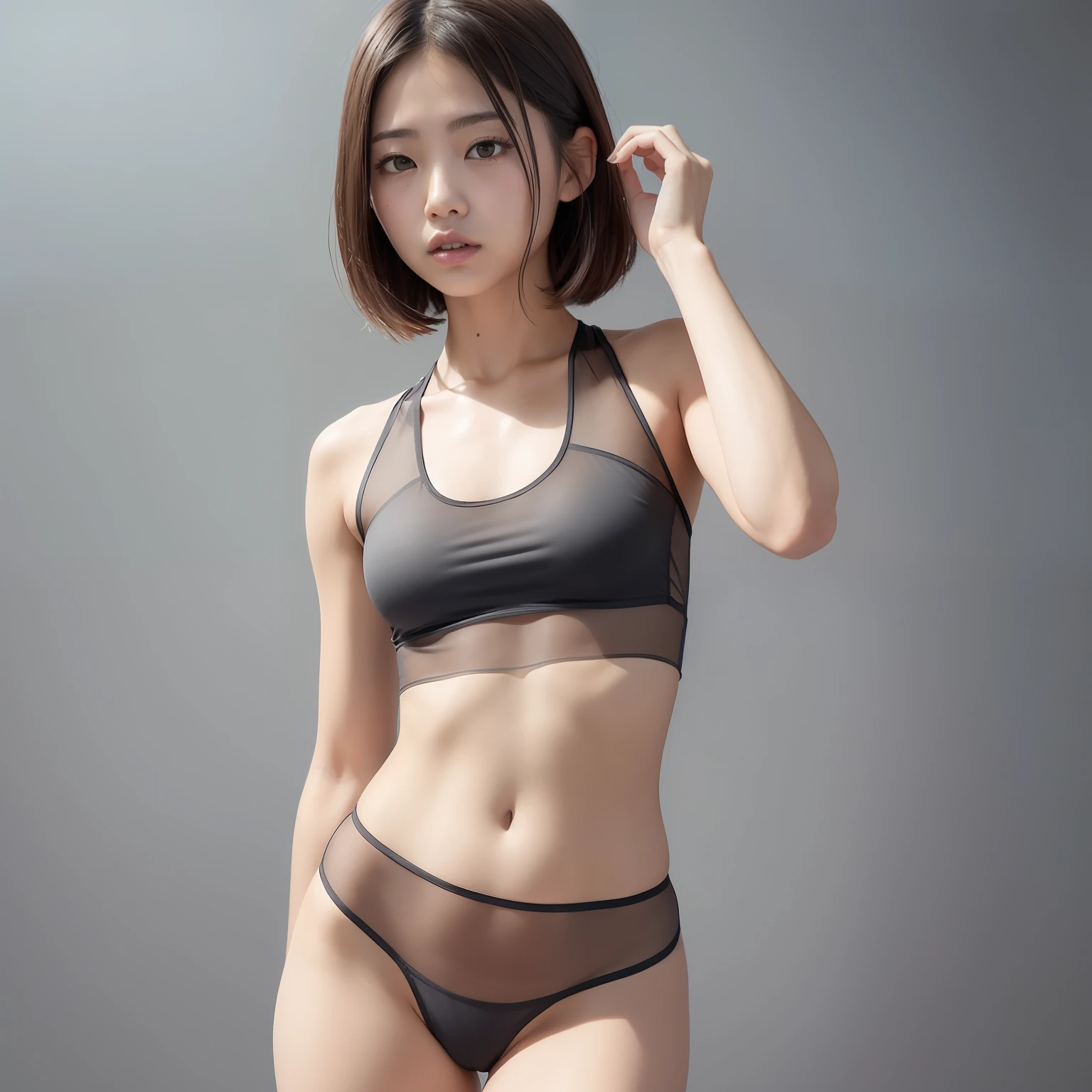 (Solo), (a detailed full-body RAW photo of a girl), (masutepiece:1.0), (Best Quality:1.4), (超A high resolution:1.2), (Photorealistic:1.4), 8K resolution, Canon EOS R5, 50 millimeters, absurderes, ultra-detailliert, (25-years old), Sharp Focus, Cinematic lighting, Detailed beautiful face, (no-makeup:1.2), (ulzzang -6500-v1.1), petite figure, Detailed skin texture, (flat chest:1.4), (skinny and fit body:1.6), Detailed brown hair, sweltering,(Very short hair:1.5), Very thin see-through wear, (dark gray Nike wet matte and sheer athletic wear:1.5), More transparent, low rise, realistic glistening skin, detailed texture, (No bra:1.5), Dynamic pose with crotch emphasis (Crotch line:1.0),(:0.5), Japanese, wind, small titts, (satomi ishihara:1.0)