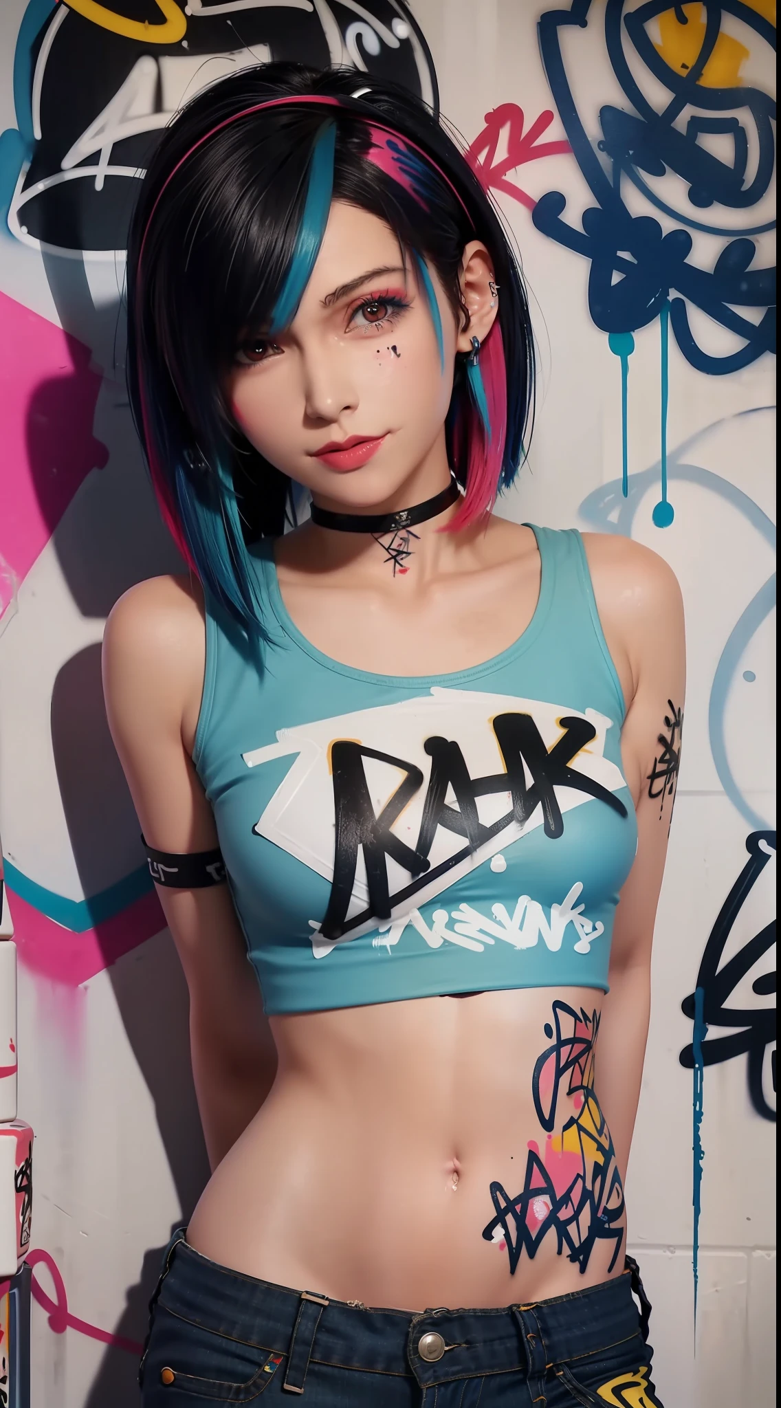 masterpiece, best quality, 1girl, solo, crop top, denim shorts, choker, (graffiti:1.5), paint splatter, arms behind back, against wall, looking at viewer, armband, thigh strap, paint on body, head tilt, bored, multicolored hair, aqua eyes, headset,