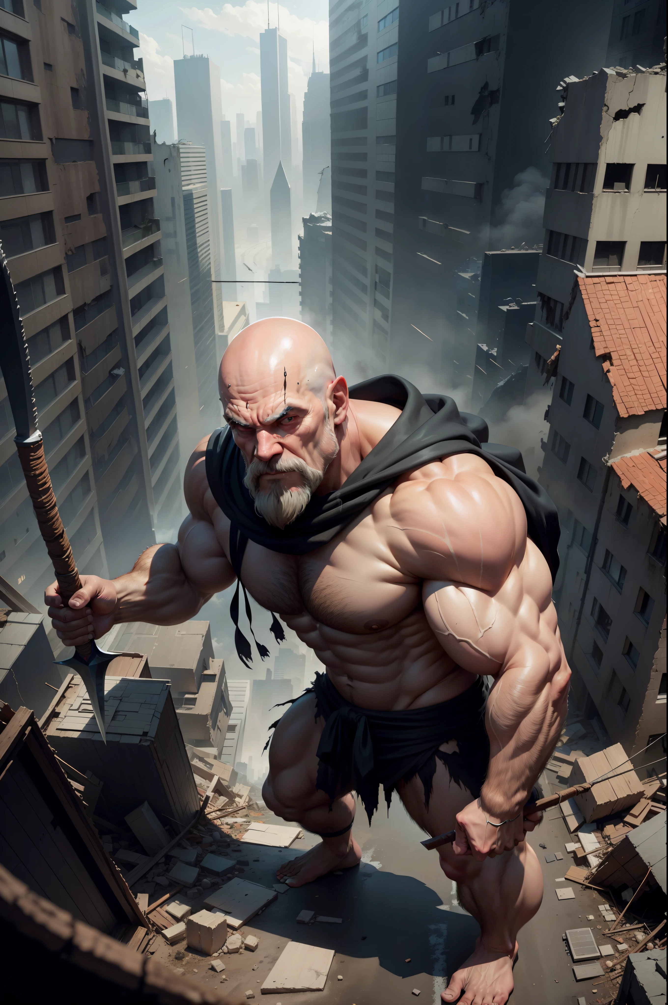 Strong bald giant,Wear torn panties,without wearing shoes,Holding a sharp giant axe in his hand,With a hood,Wantonly destruction of the city,Height 100 meters,The background is the wreckage of the city
