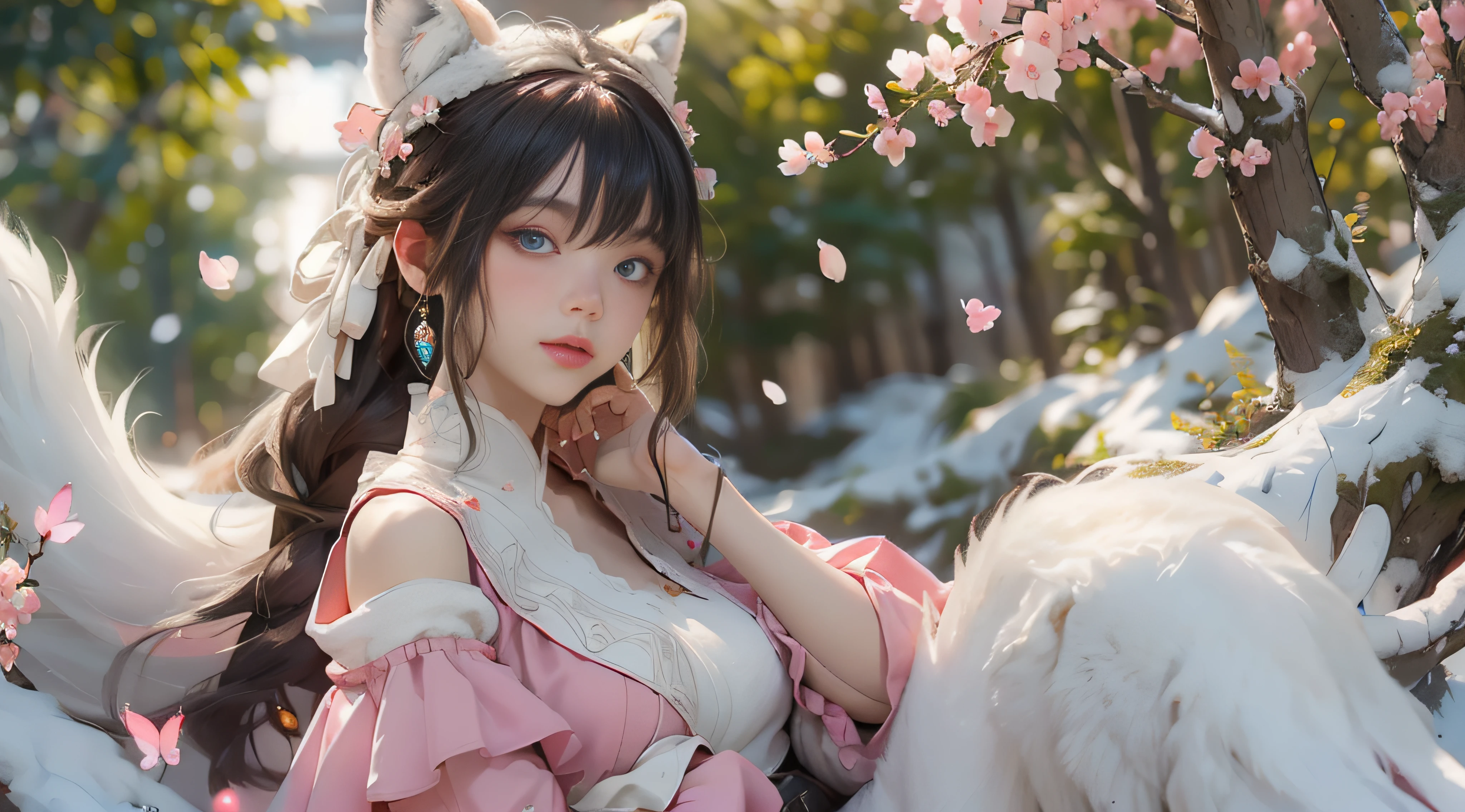 ((best qualtiy)), ((tmasterpiece)), (detail:1.4), Beautiful cyberpunk female images,hdr(HighDynamicRange),Ray traching,NVIDIA RTX,Hyper-Resolution,illusory 5,sub surface scattering,PBR textures,post-proces,Anisotropy Filtering,depth of fields,maximum definition and sharpness,Many-Layer Textures,Albedo e mapas Speculares,Surface coloring,Mitsu-Accurate simulation of material interactions,perfectly proportioned,rendering by octane,Two-colored light,largeaperture,Low ISO,White balance,Rule three points、8K raw data、Beautiful bright blue pupils,off-the-shoulder clothes,Fine pupils,Delicate face and eyes,long eyelasher,Blushlush,Delicate and fluffy hair,pink lip,Pure,Cute face,Sweet girl,Artistic sense,Casual wear,Advancedsense,butterflys,Cherry blossom petal,Beautiful hair accessories,Long hair and waist,Hair fluttering in the wind,Snow-white fox ears,curlies,Snow-white fluffy tail,Positive light,The light from the back window is backlighted