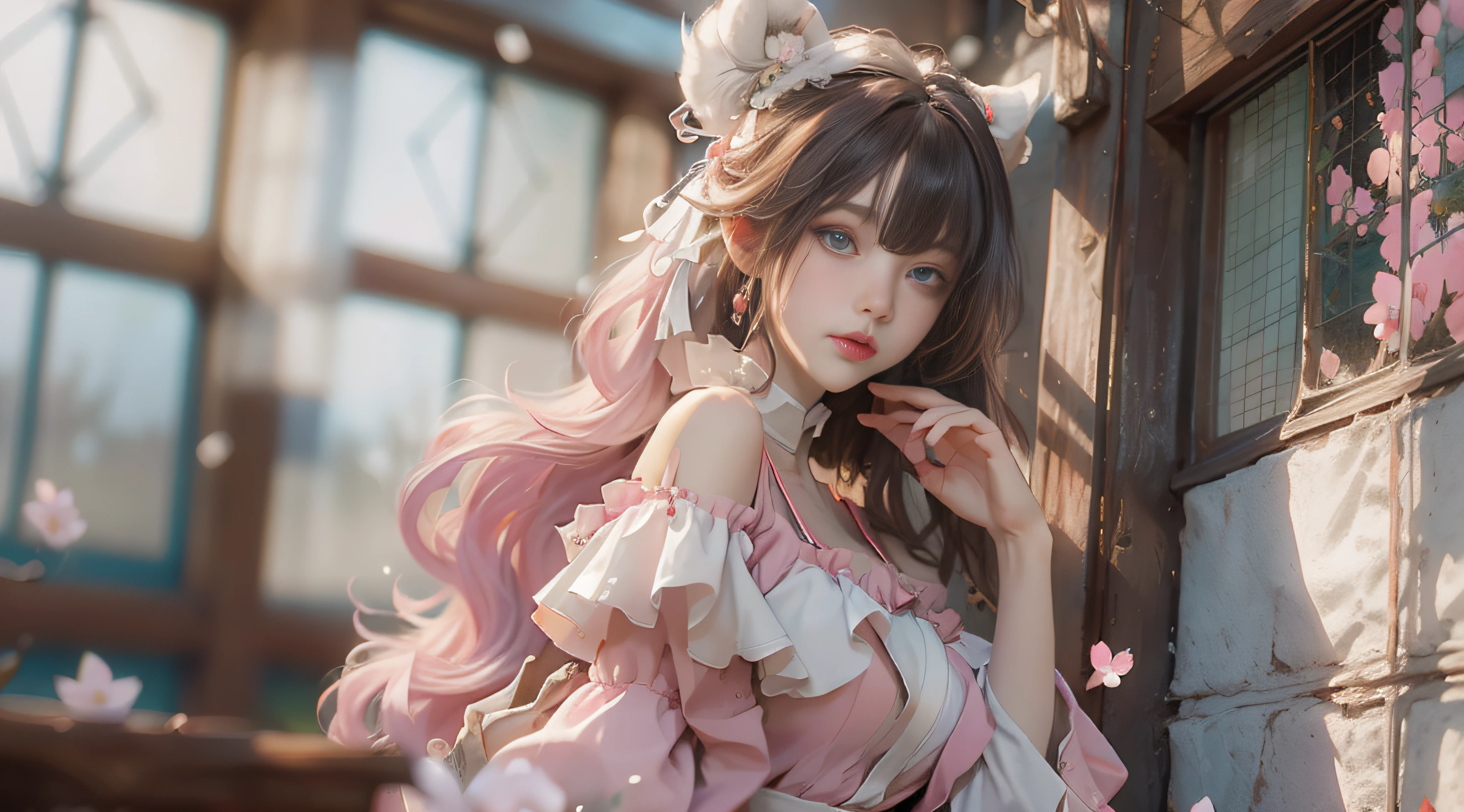 ((best qualtiy)), ((tmasterpiece)), (detail:1.4), Beautiful cyberpunk female images,hdr(HighDynamicRange),Ray traching,NVIDIA RTX,Hyper-Resolution,illusory 5,sub surface scattering,PBR textures,post-proces,Anisotropy Filtering,depth of fields,maximum definition and sharpness,Many-Layer Textures,Albedo e mapas Speculares,Surface coloring,Mitsu-Accurate simulation of material interactions,perfectly proportioned,rendering by octane,Two-colored light,largeaperture,Low ISO,White balance,Rule three points、8K raw data、Beautiful bright blue pupils,off-the-shoulder clothes,Fine pupils,Delicate face and eyes,long eyelasher,Blushlush,Delicate and fluffy hair,pink lip,Pure,Cute face,Sweet girl,Artistic sense,Casual wear,Advancedsense,butterflys,Cherry blossom petal,Beautiful hair accessories,Long hair and waist,Hair fluttering in the wind,Snow-white fox ears,curlies,Snow-white fluffy tail,Positive light,The light from the back window is backlighted