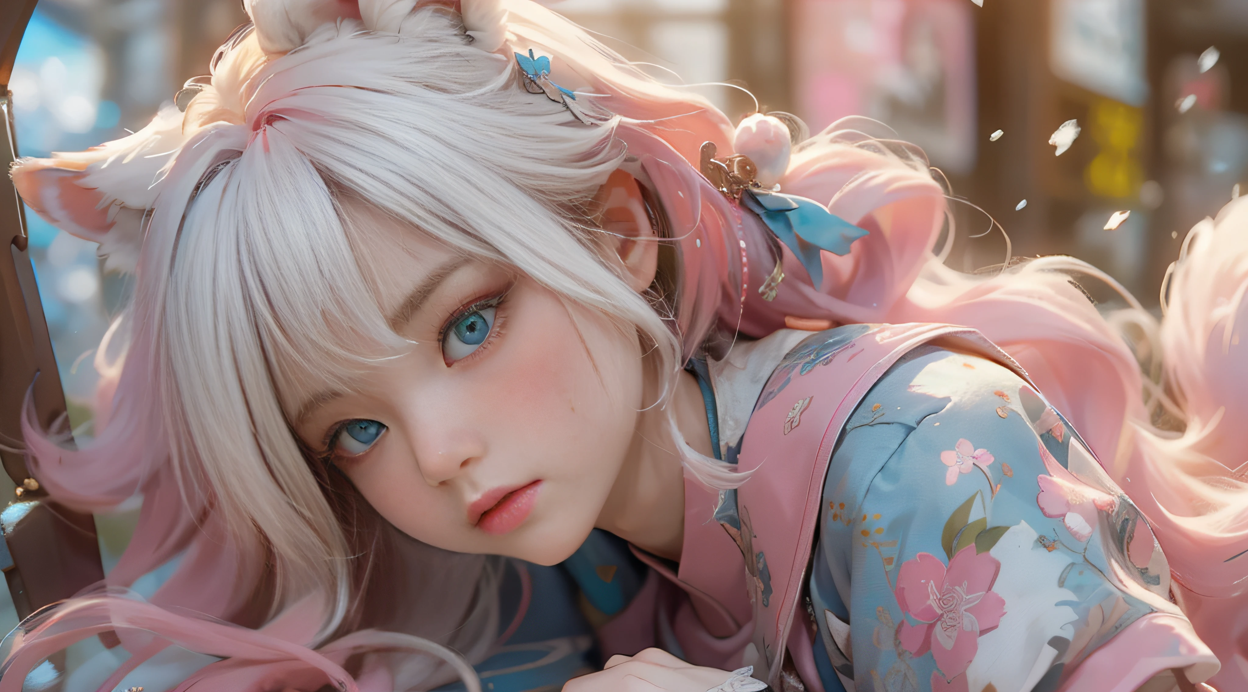 ((best qualtiy)), ((tmasterpiece)), (detail:1.4), Beautiful cyberpunk female images,hdr(HighDynamicRange),Ray traching,NVIDIA RTX,Hyper-Resolution,illusory 5,sub surface scattering,PBR textures,post-proces,Anisotropy Filtering,depth of fields,maximum definition and sharpness,Many-Layer Textures,Albedo e mapas Speculares,Surface coloring,Mitsu-Accurate simulation of material interactions,perfectly proportioned,rendering by octane,Two-colored light,largeaperture,Low ISO,White balance,Rule three points、8K raw data、Beautiful bright blue pupils,off-the-shoulder clothes,Fine pupils,Delicate face and eyes,long eyelasher,Blushlush,Delicate and fluffy hair,pink lip,Pure,Cute face,Sweet girl,Artistic sense,Casual wear,Advancedsense,butterflys,Cherry blossom petal,Beautiful hair accessories,Long hair and waist,Hair fluttering in the wind,Snow-white fox ears,curlies,Snow-white fluffy tail,Positive light,The light from the back window is backlighted