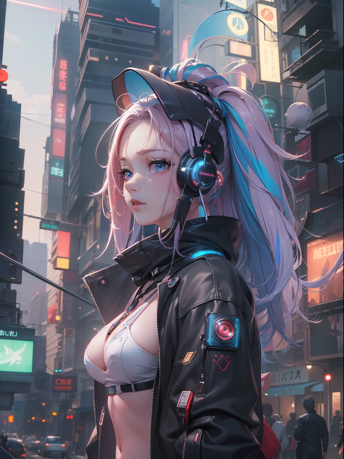 (((masterpiece)))、(((top-quality)))、((ultra-definition))、(High Definition CG Illustration)、((extremely delicate and beautiful))、City of the Future、Cinematic Light、独奏、full body Esbian、cyberpunked、2040s、animesque、dreamy cyberpunk girl、rainbow hair、Witch style、trending on artstationh、Rachel Walker、