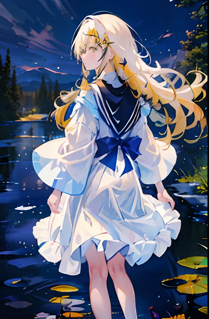 (Highest picture quality), (Master's work),(Detailed eyes description),(Detailed face description)(back view), 1girl, yellow eyes, shiina mahiru, yellow hair,(very long hair),very long hair (floating in the wind), back-view, looking back, hair ornament, flower hair ornament. head band, ribbon, white dress, visible shoulders, blush, pond, petals (lens flare), walking on pond, water reflection, pond, cleavage, medium breast, aurora sky, night sky, galaxy sky, horizon, mountains, forest, moon, (cover-style:1.3), fashionable, woman, vibrant, posing, front, colorful, dynamic, background, elements, shy, expression, holding, statement, accessory, majestic, coiled, around, touch, scene, attention-grabbing, catchy, modern, trendy, focus, fashion, realistic lighting, extreme blushing